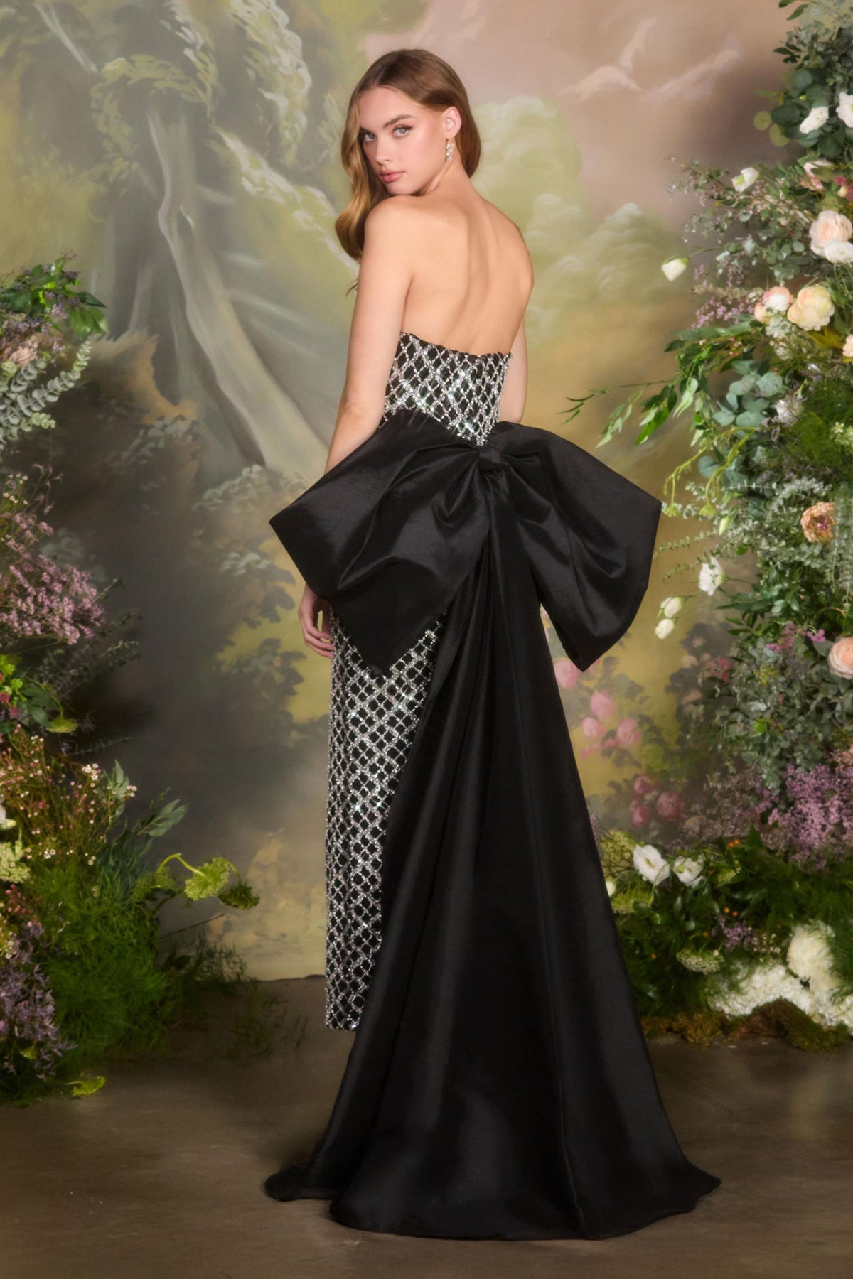 Andrea & Leo A1486 Fitted Black Column Gown Crystal Lattice Beadwork