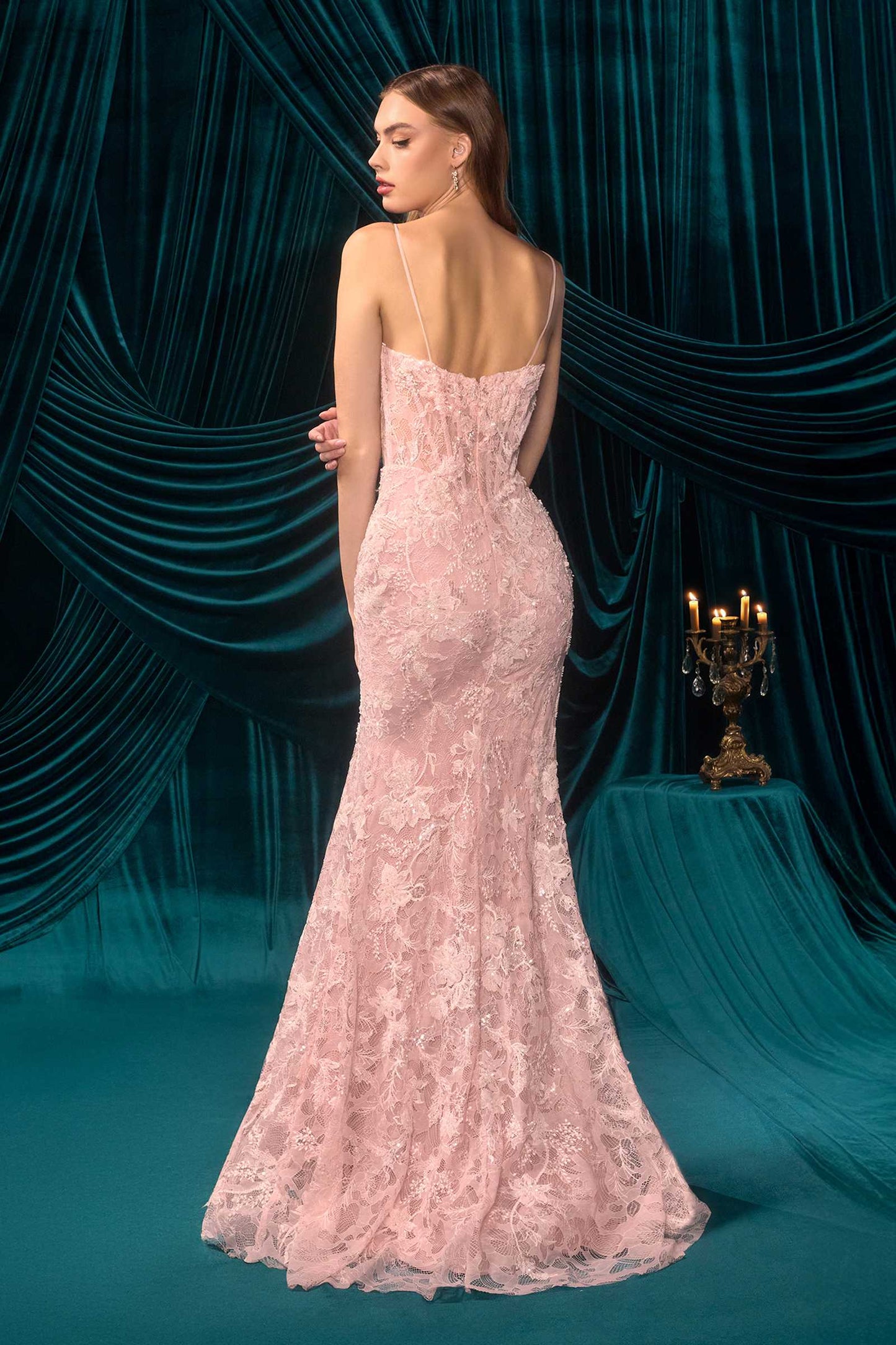 Andrea & Leo A1499 Ethereal Floral Lace Thigh High Slit Fitted Lace Gown