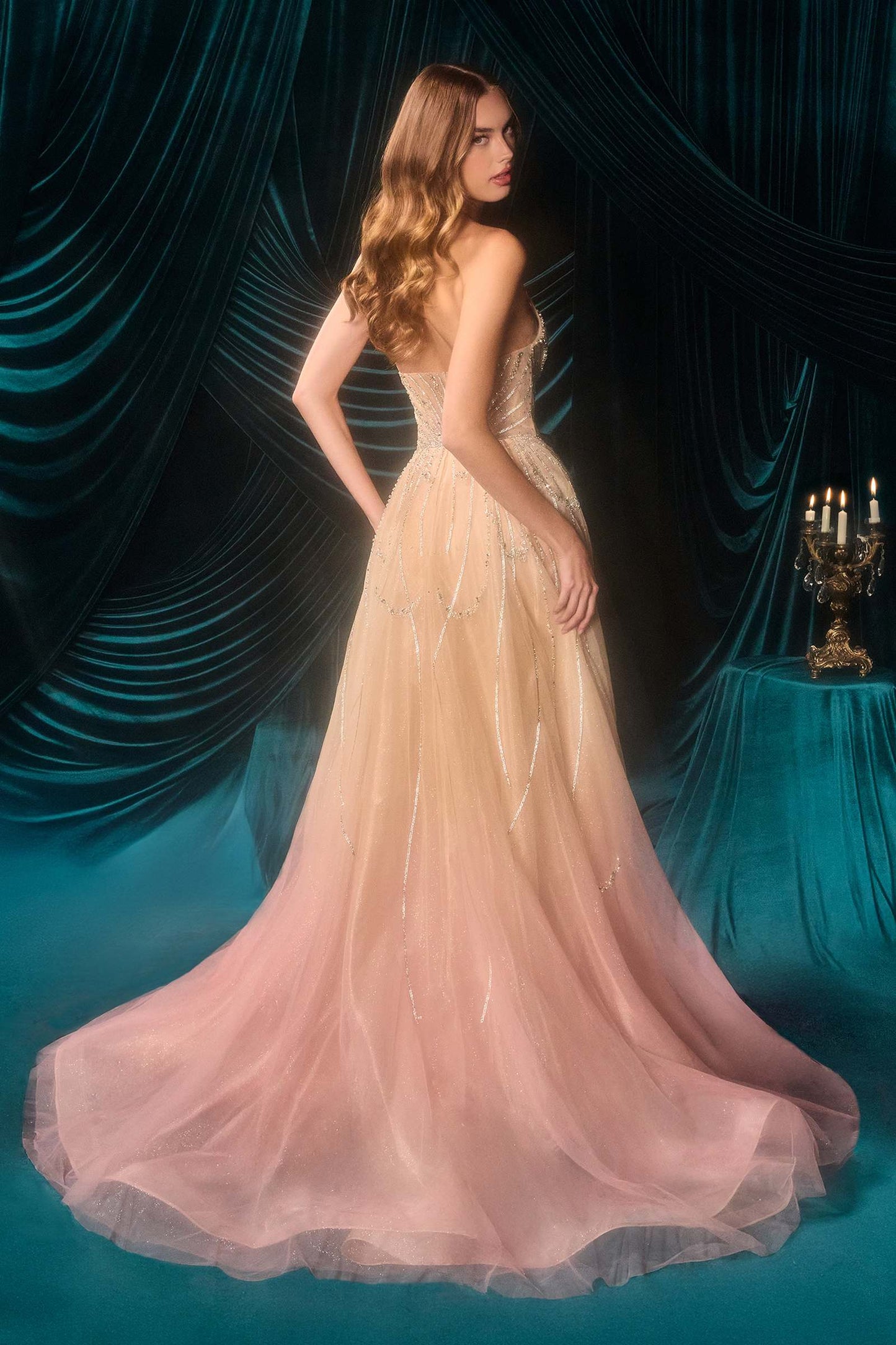 Andrea & Leo A1508 Fitted Layered Overskirt Ombre Pattern Formal Gown