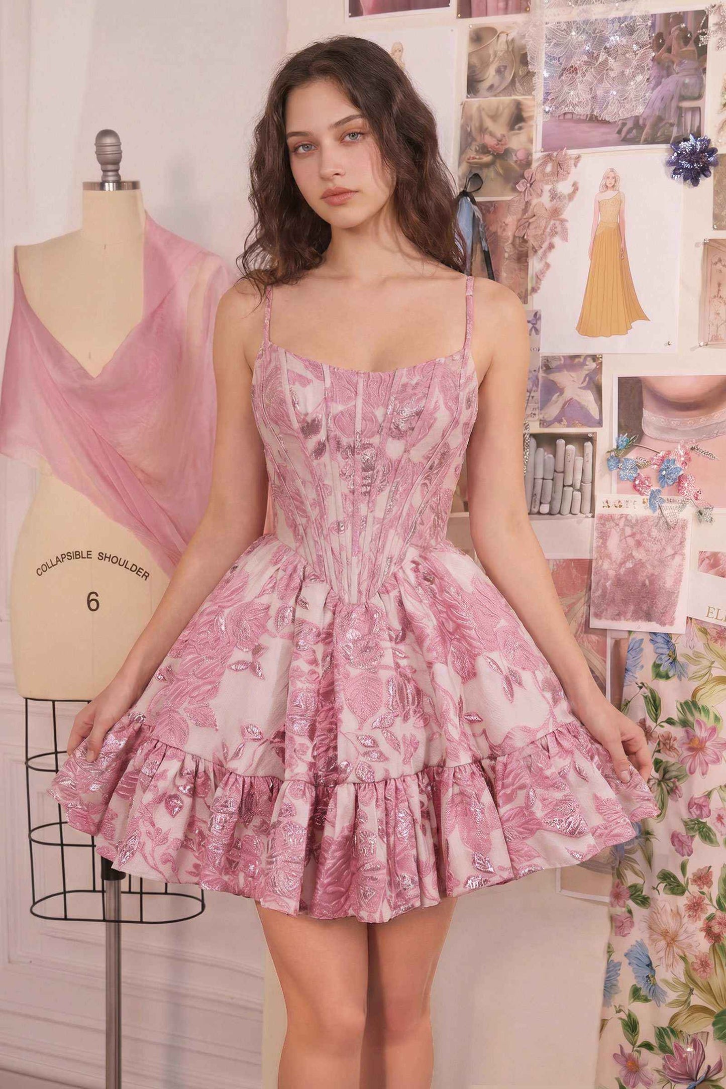 Andrea & Leo A1522 Fit and Flare Mini Floral Shimmer Dress