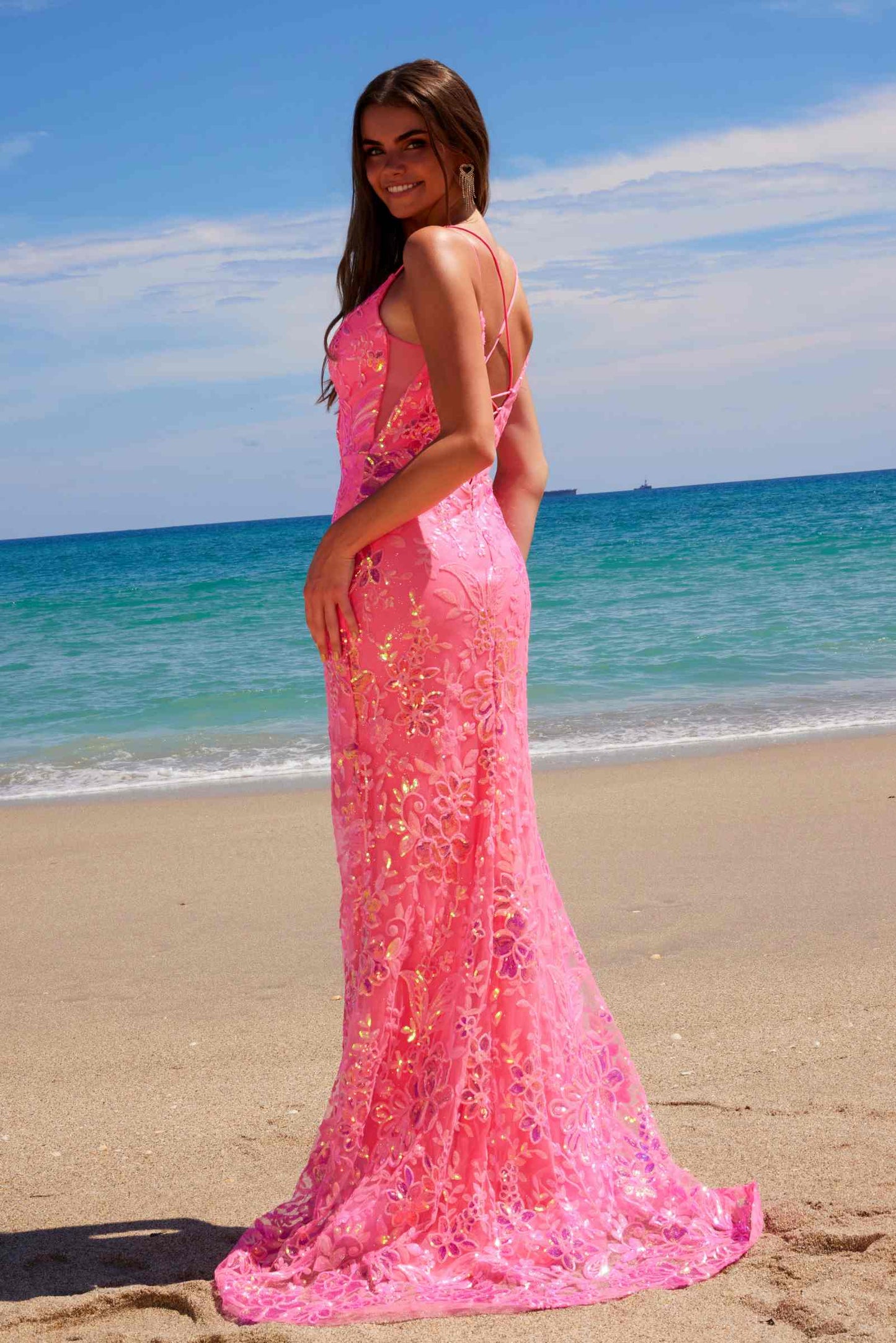 Nox Anabel A1587 Deep V-Neck Floral Sequined Tulle Dress