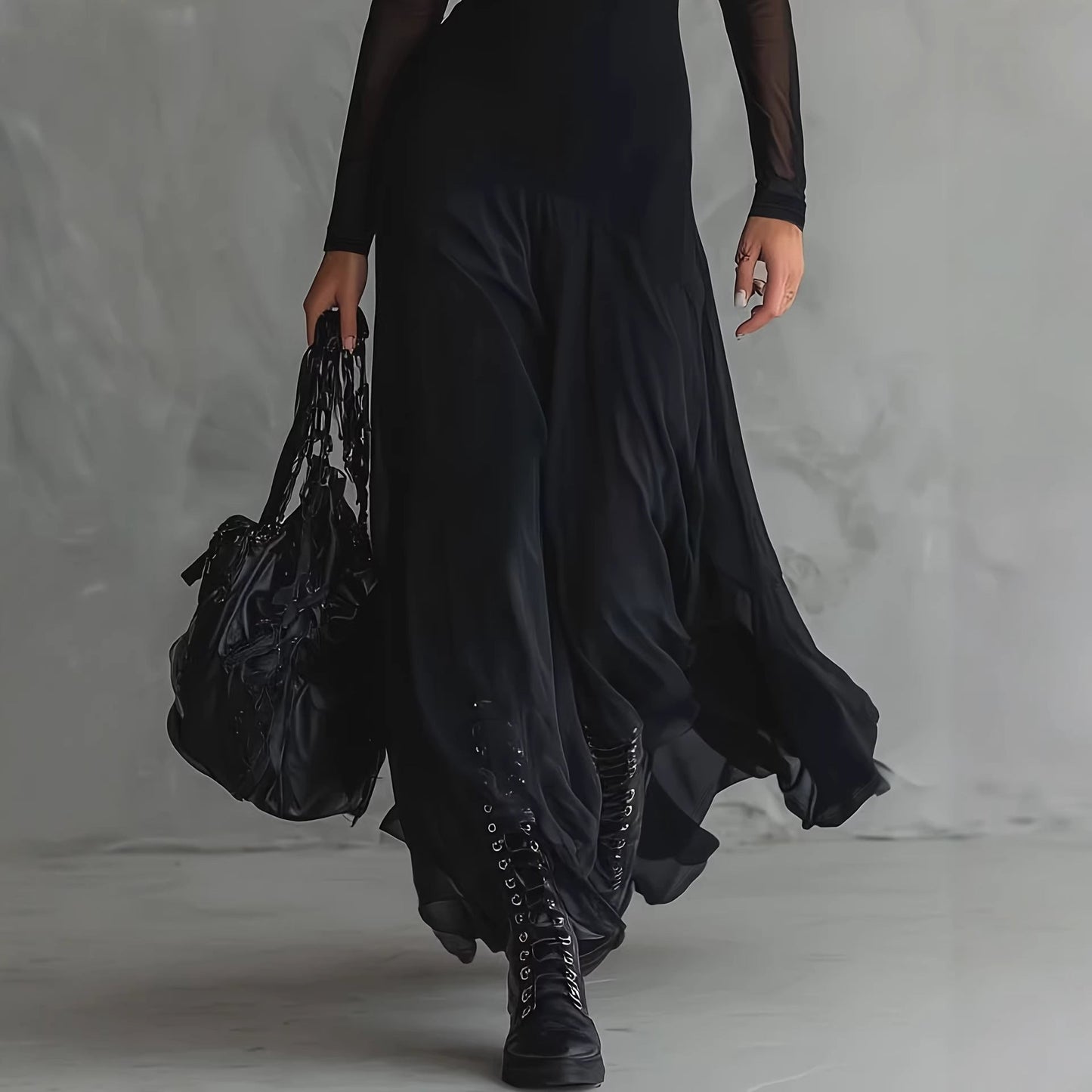 Women's Black See-Through Mesh Long Sleeve Maxi Dress – Elegant Sheer Overlay Gown