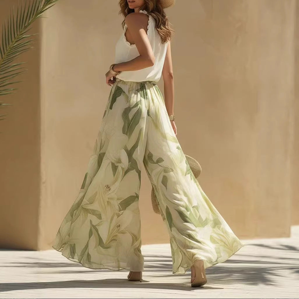Floral Print 2-Piece Set – Sleeveless Vest Top & Wide-Leg Pants, Women's Casual Co-ord