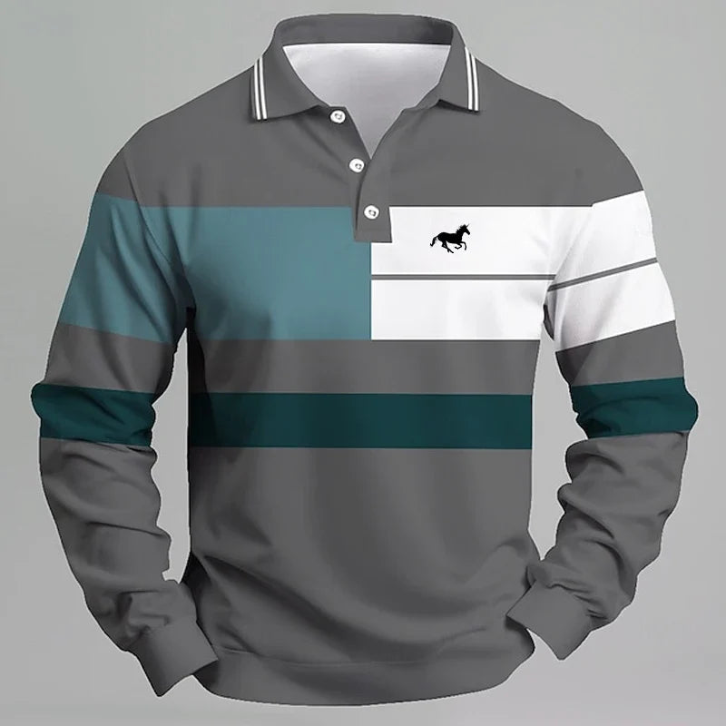 Men's Striped Printed Unicorn Logo Polo Shirt - Long Sleeve Casual T-shirt Comfortable Regular Fit for Daily Wear or Golf