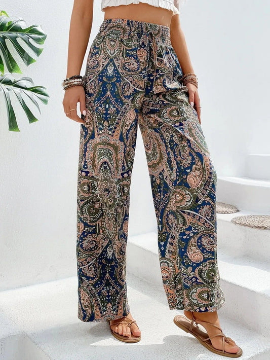 Women's Paisley Print Wide-Leg Pants – Boho Smocked Elastic Waist Tie-Up Flowy Trousers