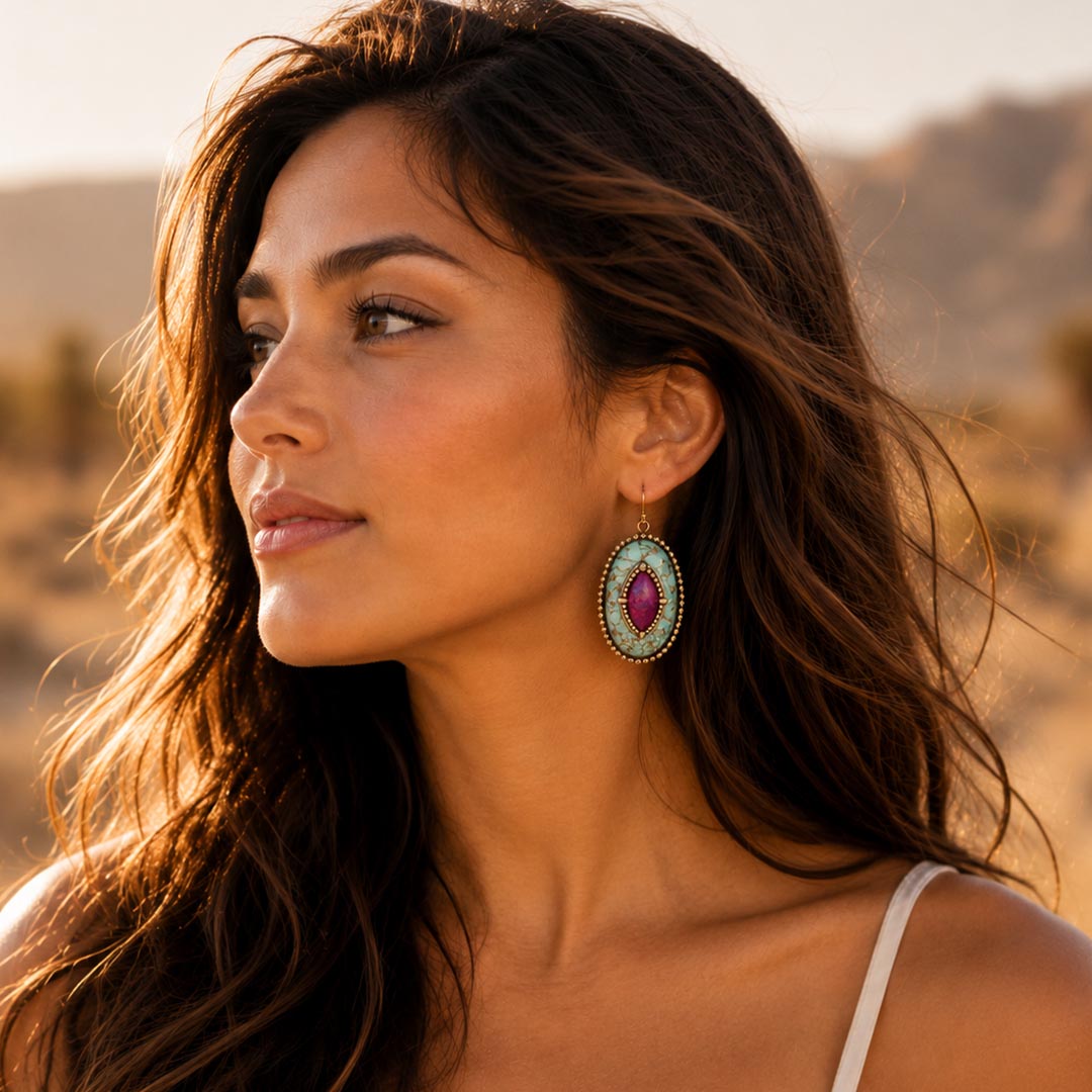 Boucles d'oreilles pendantes en pierre empilée bleue et violette turquoise dorée