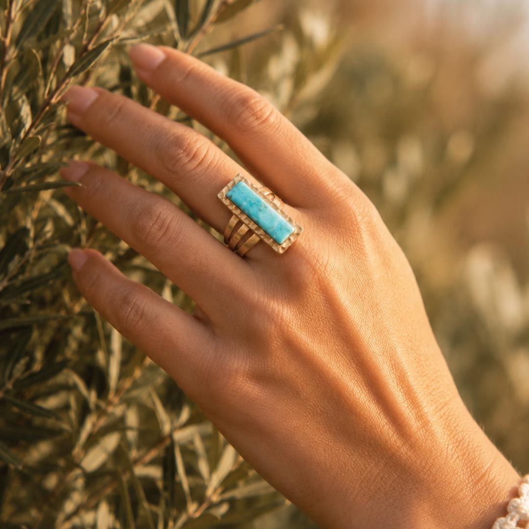 Aztekisch Blauer Türkis Goldener Statement-Ring