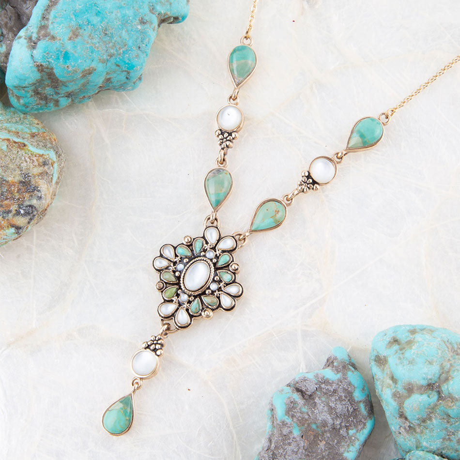 Collier en Y doré Barcelone Nacre Blanche et Turquoise Bleue