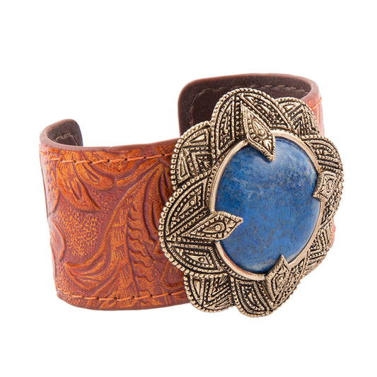 Ornate Blue Lapis Golden Leather Cuff Bracelet