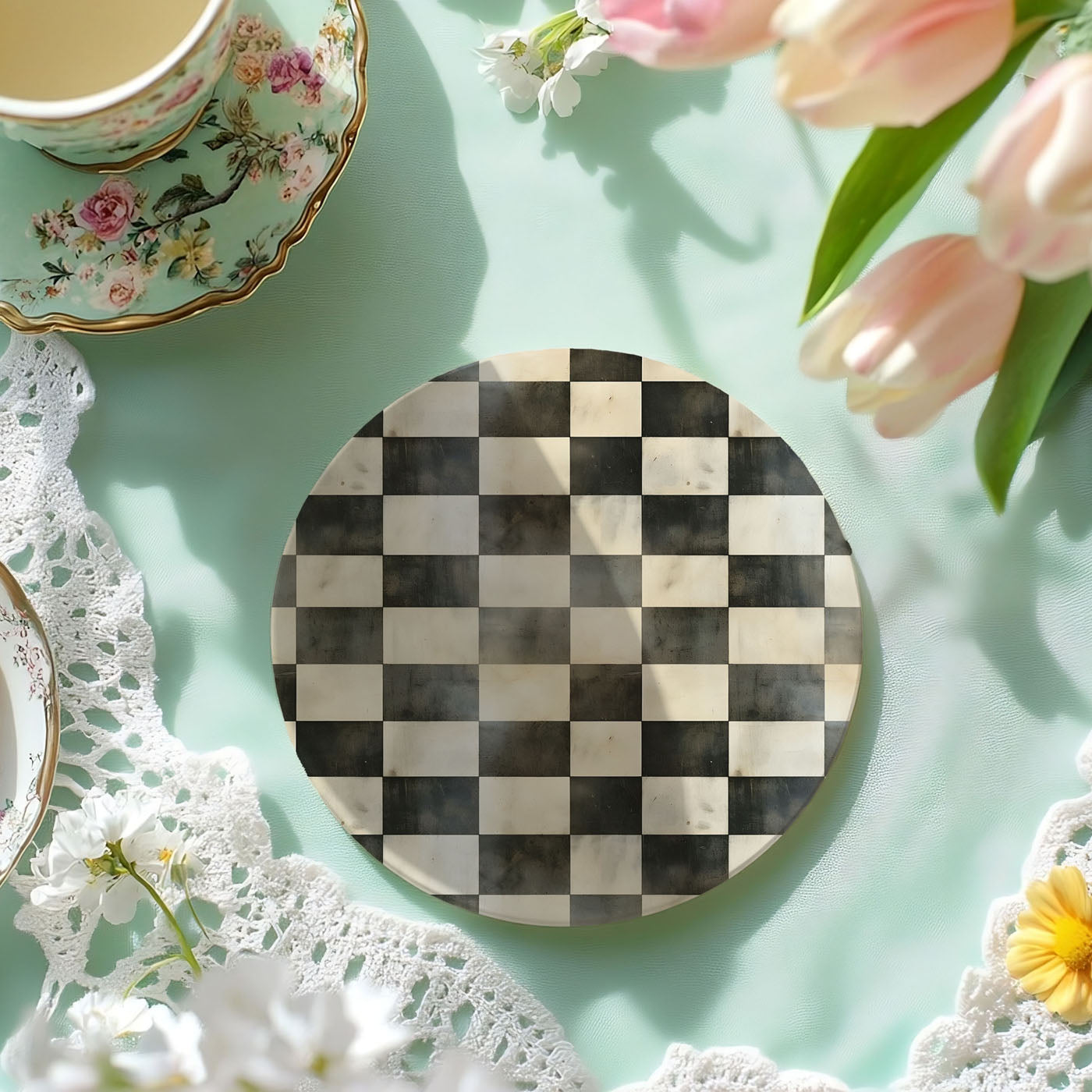 Spring Ceramic Coasters Set of 4 Courtly Check Designs Absorbent Drink Coasters for Table Protection