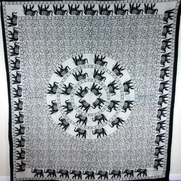 Black White Festival Elephant Mandala Tapestry Cotton
