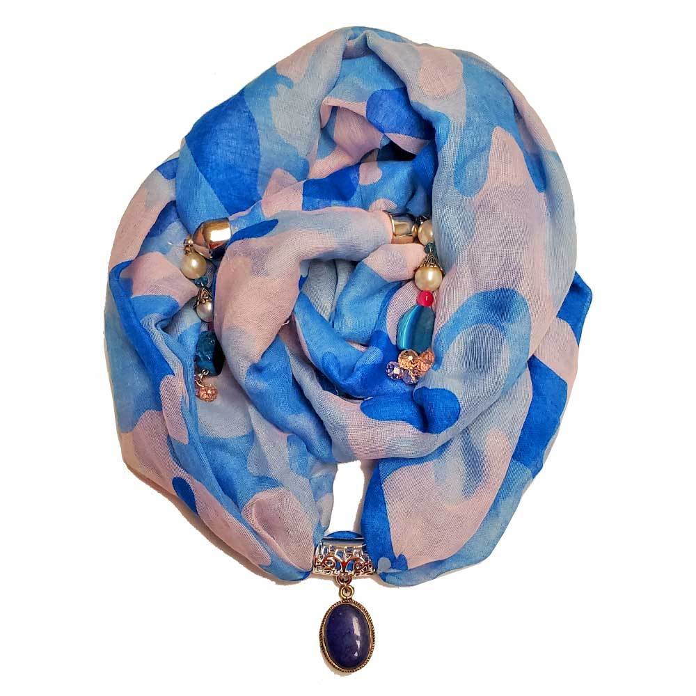 Foulard pendentif en coton camouflage bleu avec pendentif en pierre précieuse