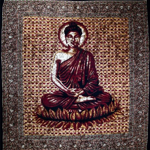 Brauner Buddha Meditation Batik Wandteppich