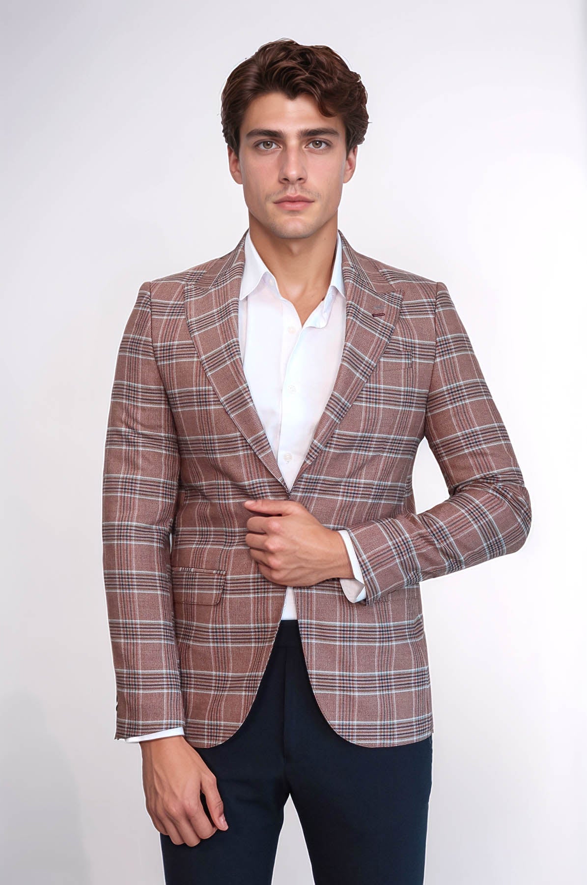 Checked Single Button Burgundy Men Blazer - Wessi