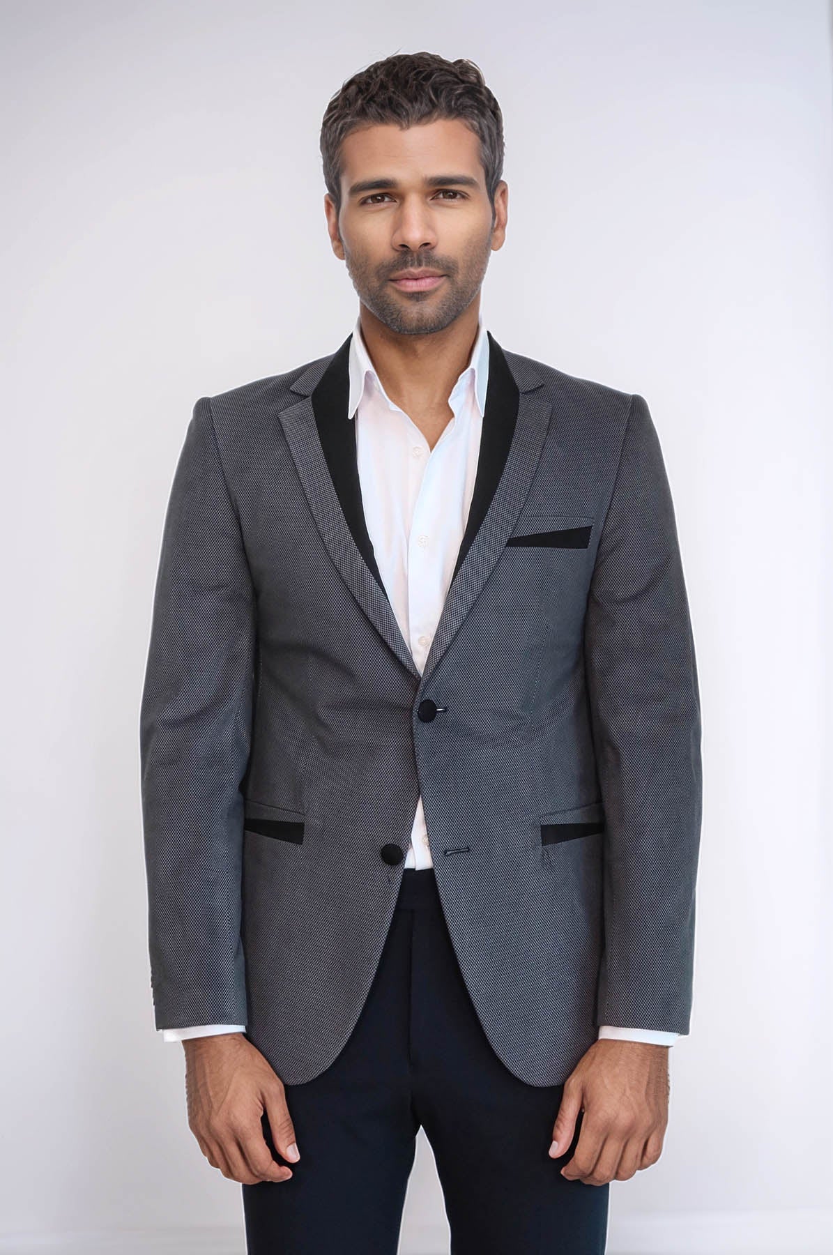 2 Buttons Pocket Piping Velvet Grey Jacket