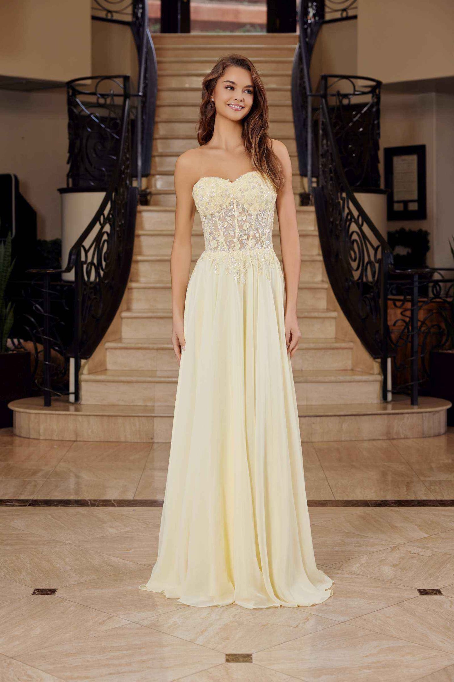 Nox Anabel C1617 Strapless Applique Corset with Chiffon Skirt Dress
