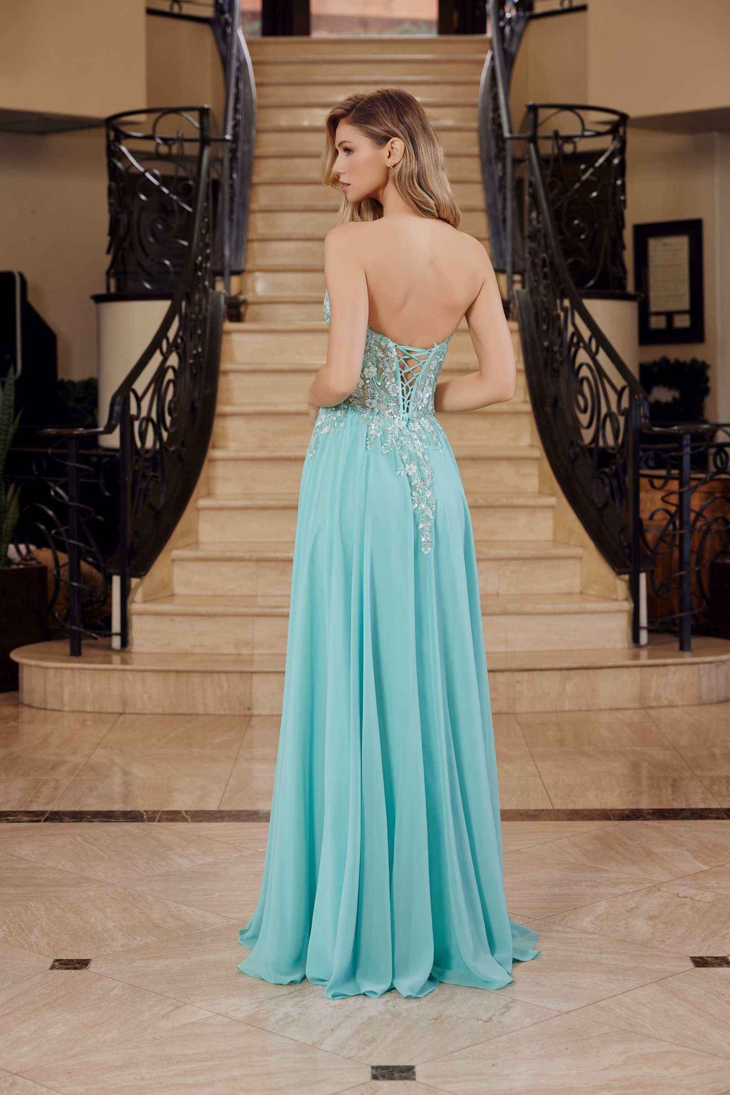 Nox Anabel C1617 Strapless Applique Corset with Chiffon Skirt Dress