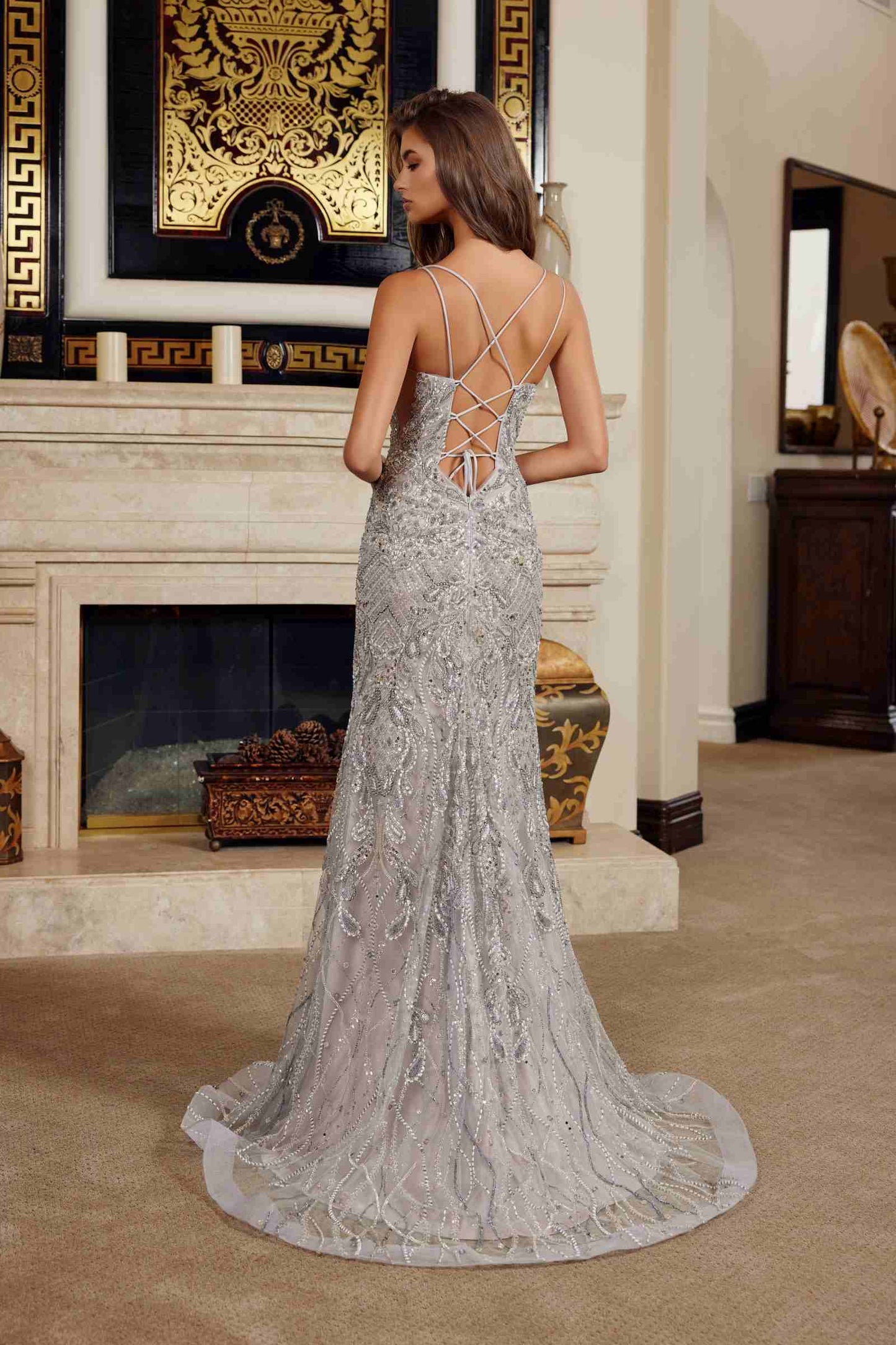 Nox Anabel C1834 Fitted Beaded Embellishments Peaked Neckline Prom Gown