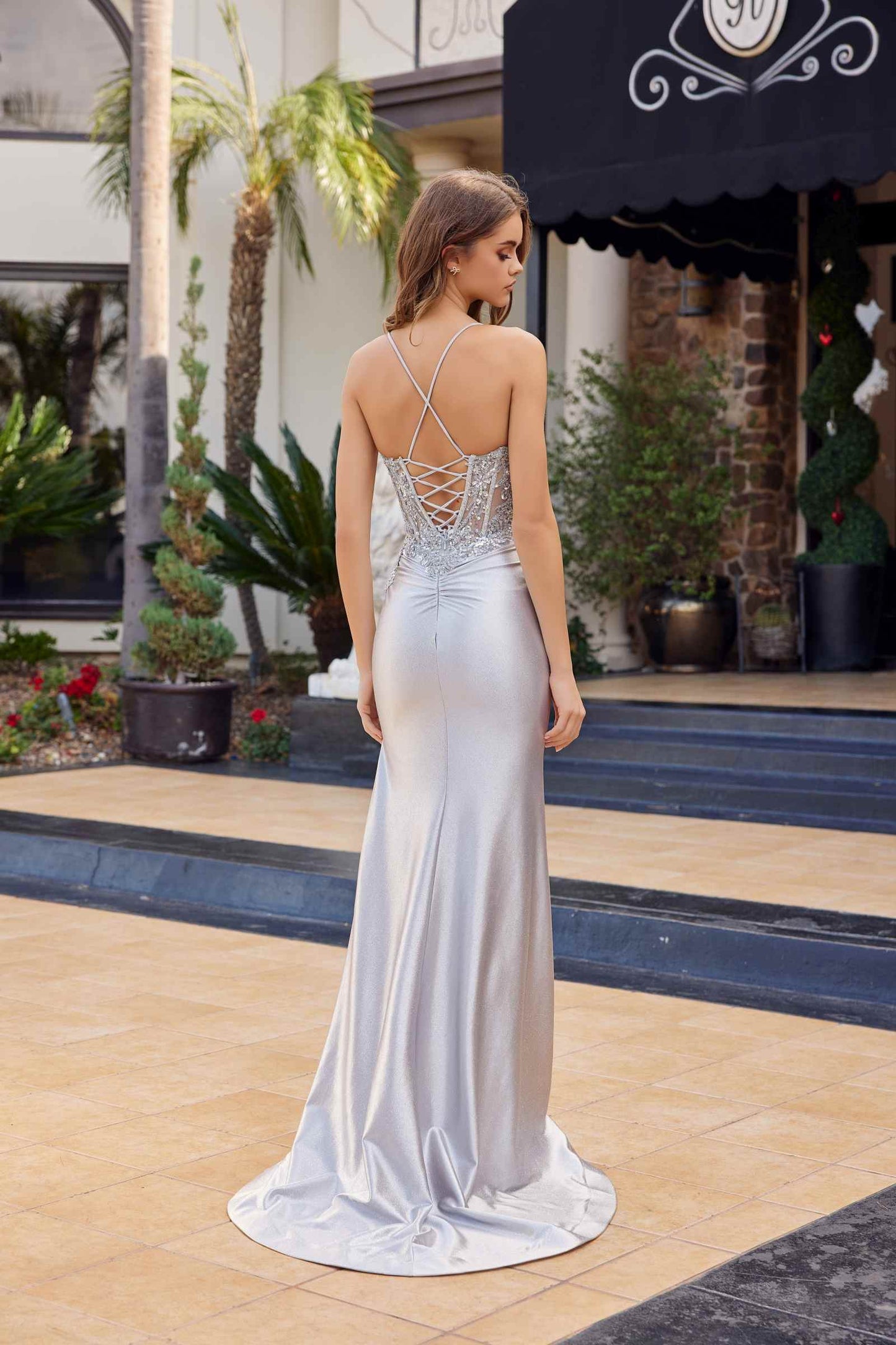 Nox Anabel C1841 Glitter Dusted Satin Sequined Embellishment Prom Gown