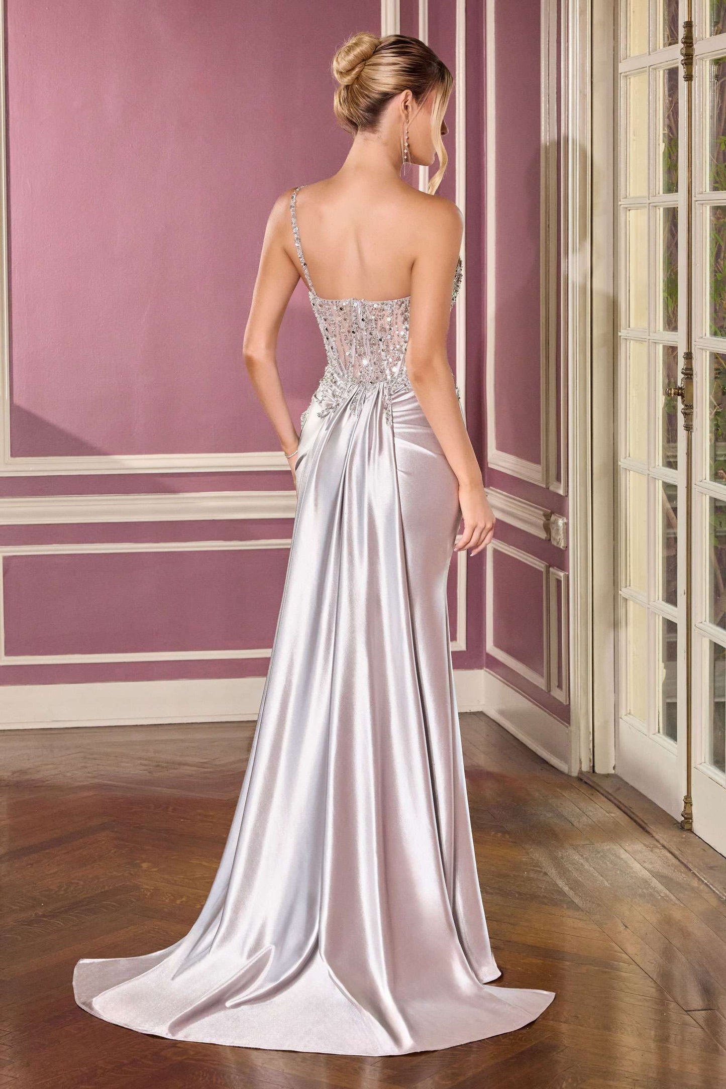 Ladivine CC0329 Fitted Sculpted Illusion Bodice Satin Skirt Dress