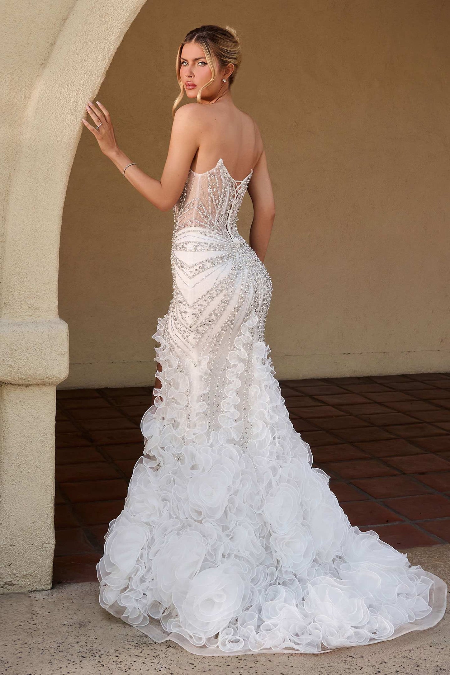 Ladivine CC2488W Plunging Neckline Fitted Mermaid Off White Gown