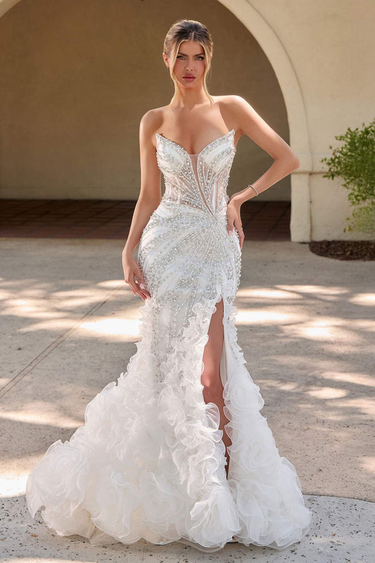Ladivine CC2488W Plunging Neckline Fitted Mermaid Off White Gown