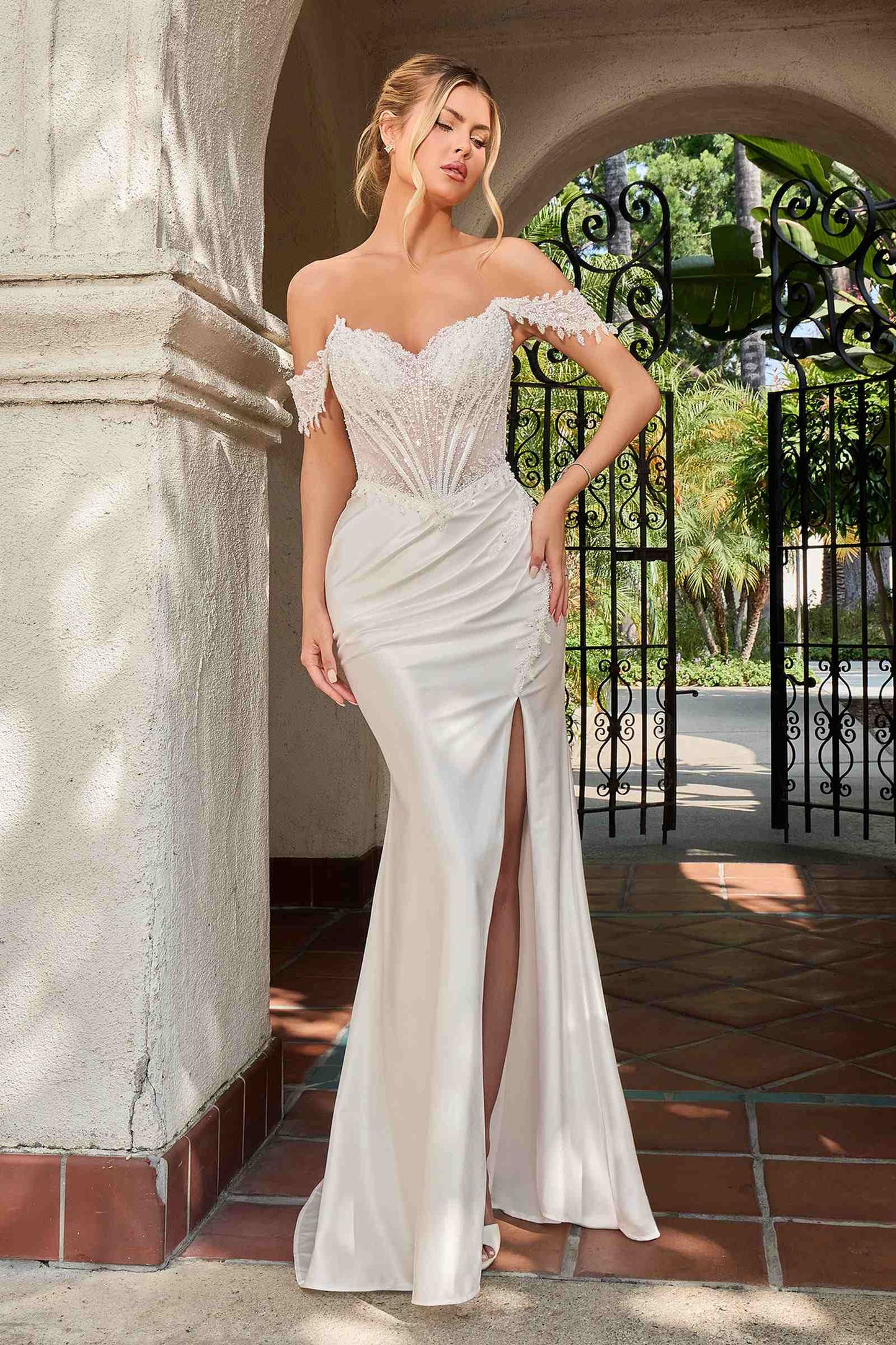 Ladivine CC456W Glitter Satin Strech Fitted Off White Evening Gown