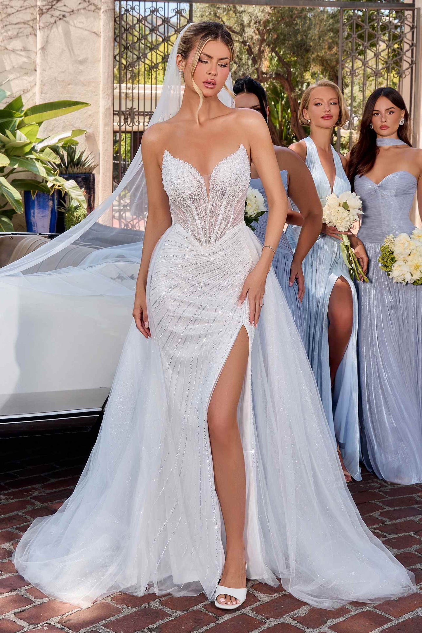 Ladivine CC492W Beaded Detachable Tulle Overskirt Fitted Off White Gown