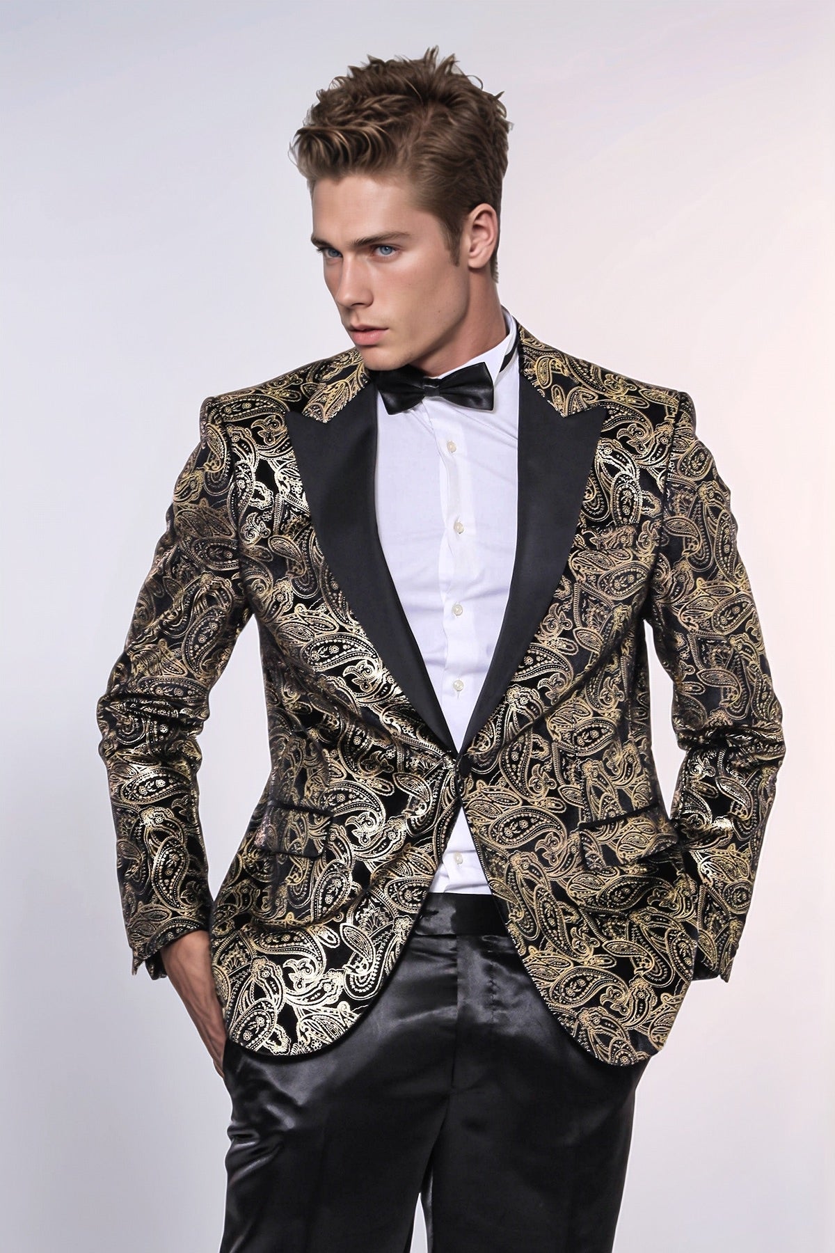 Slim Fit Gold Paisley Patterned Black Men Tuxedo Blazer - Wessi