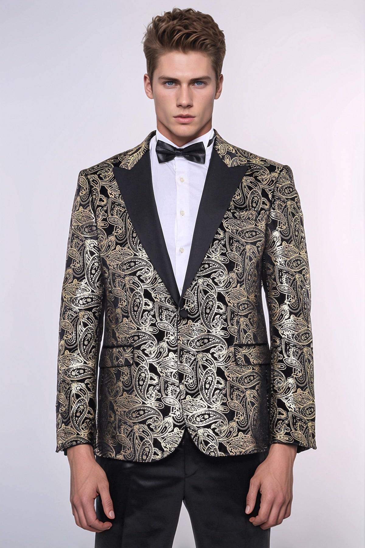 Slim Fit Gold Paisley Patterned Black Men Tuxedo Blazer - Wessi