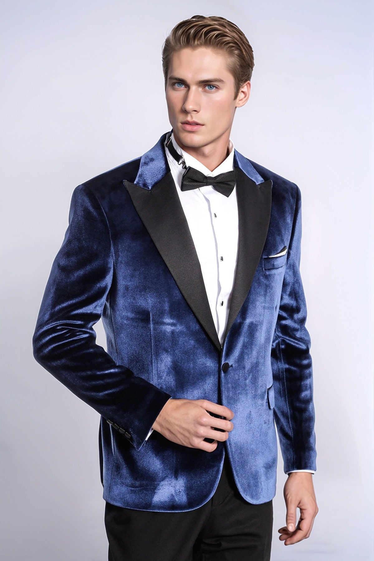 Velvet Slim Fit Blue Men Tuxedo Jacket - Wessi