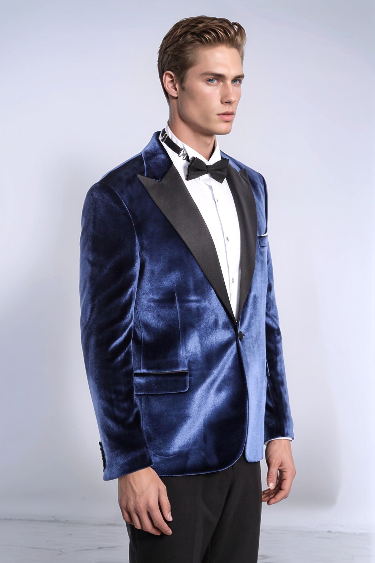 Velvet Slim Fit Blue Men Tuxedo Jacket - Wessi