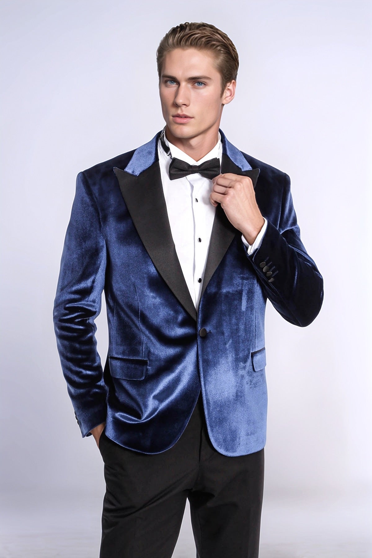 Velvet Slim Fit Blue Men Tuxedo Jacket - Wessi