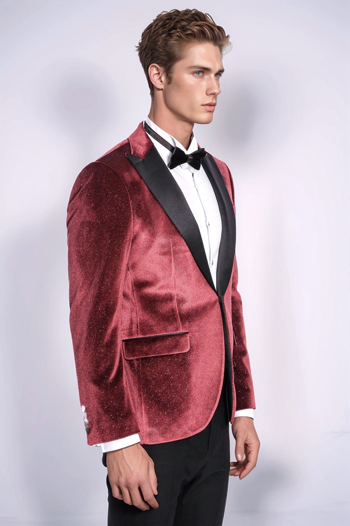 Slim Fit Velvet Burgundy Men Sparkle Tuxedo Jacket - Wessi