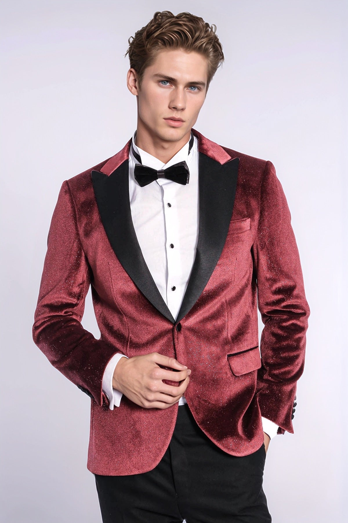 Slim Fit Velvet Burgundy Men Sparkle Tuxedo Jacket - Wessi