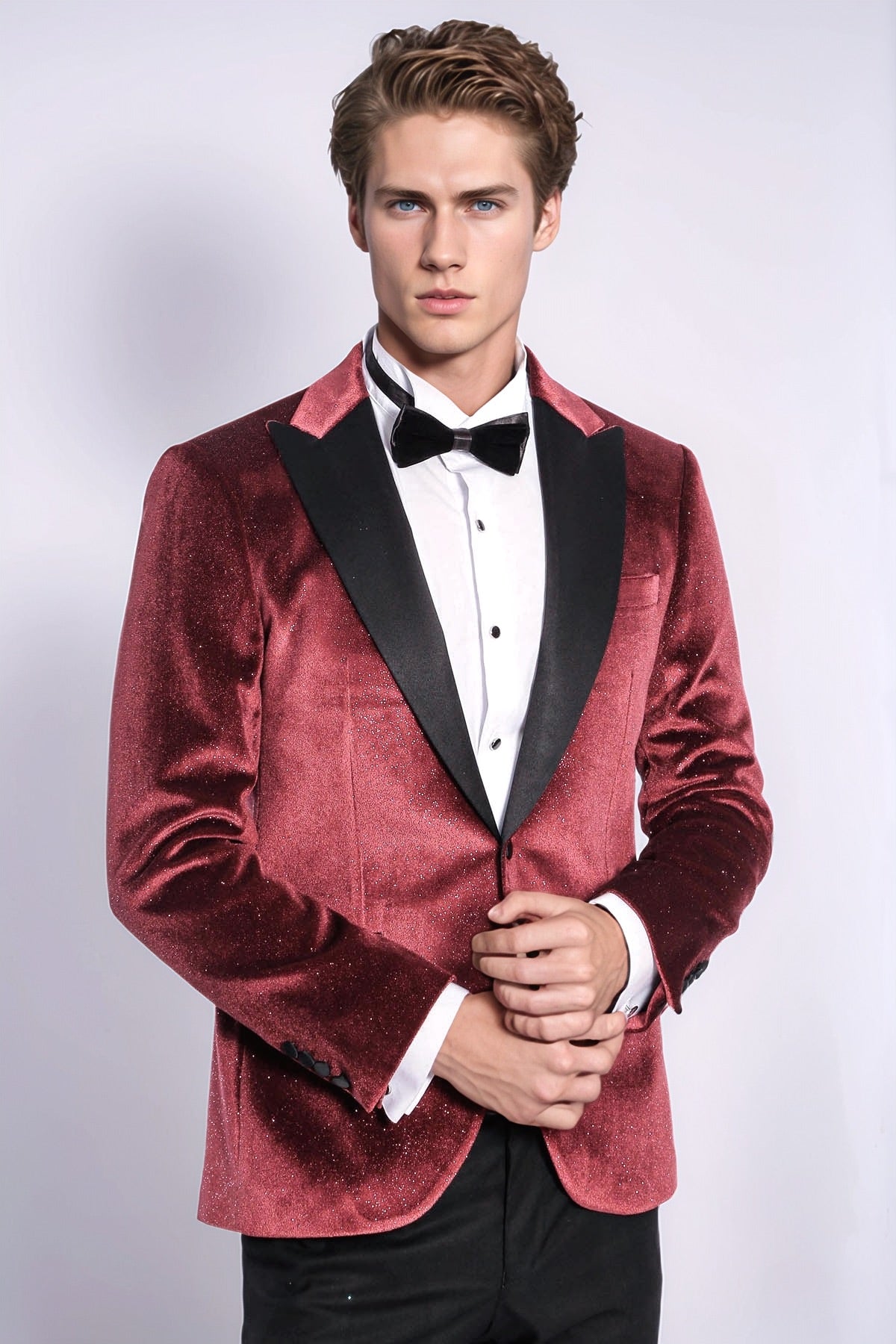 Slim Fit Velvet Burgundy Men Sparkle Tuxedo Jacket - Wessi