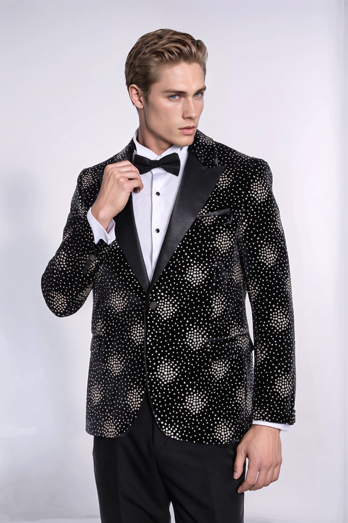 Slim Fit Dot Patterned Black Men Sparkle Jackets - Wessi