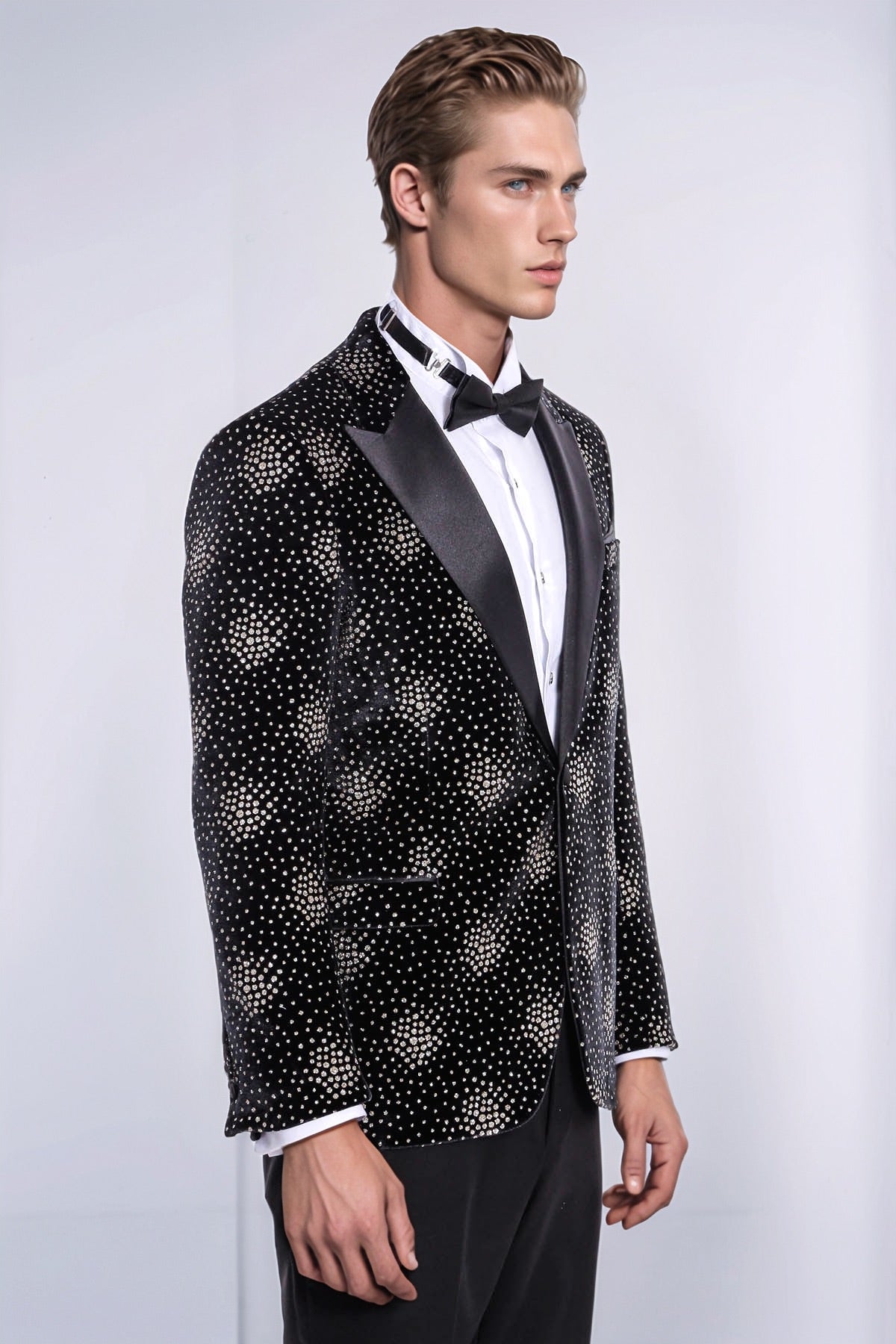 Slim Fit Dot Patterned Black Men Sparkle Jackets - Wessi