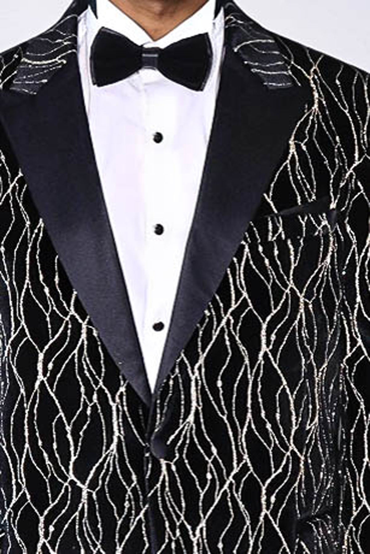 Gold Patterned Over Black Velvet Men Evening Tuxedo Blazer - Wessi