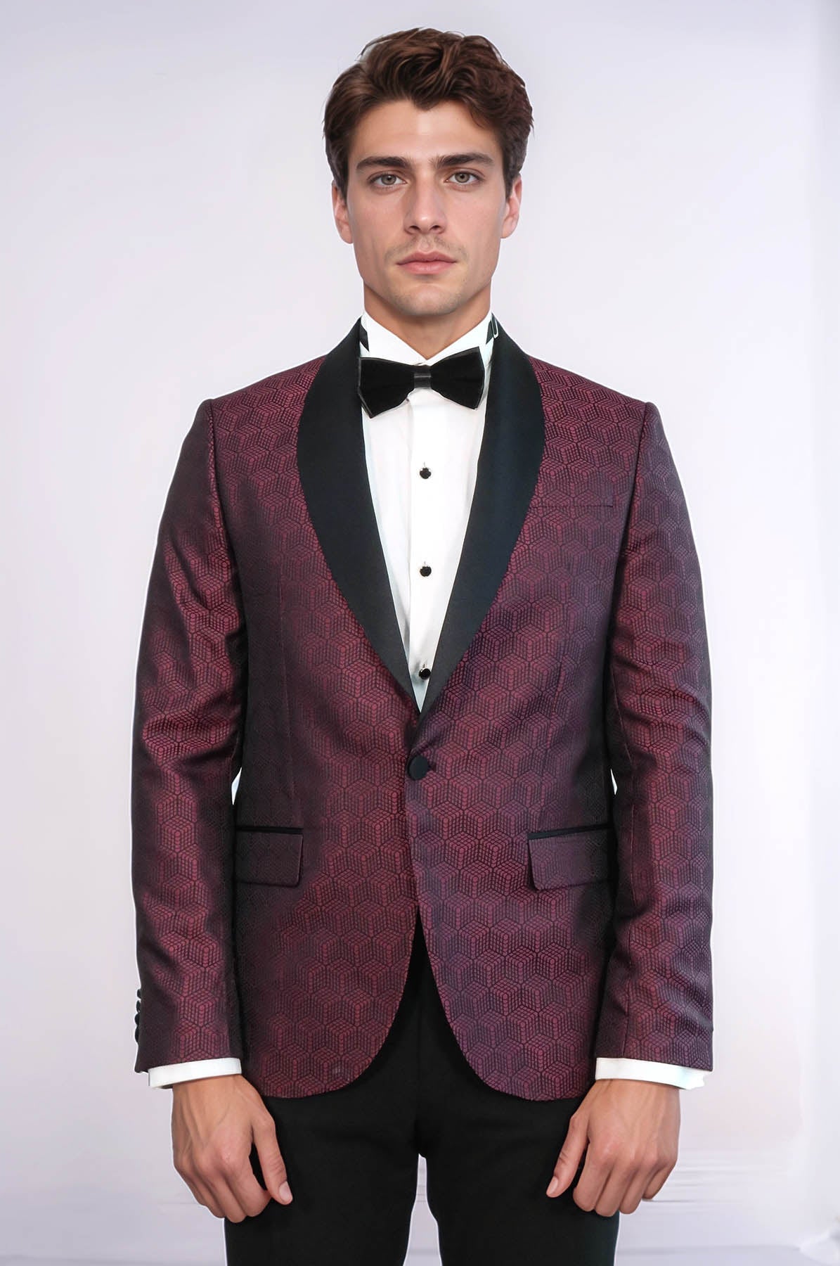 Pentagon Patterned Shawl Lapel Burgundy Men Dinner Jacket - Wessi