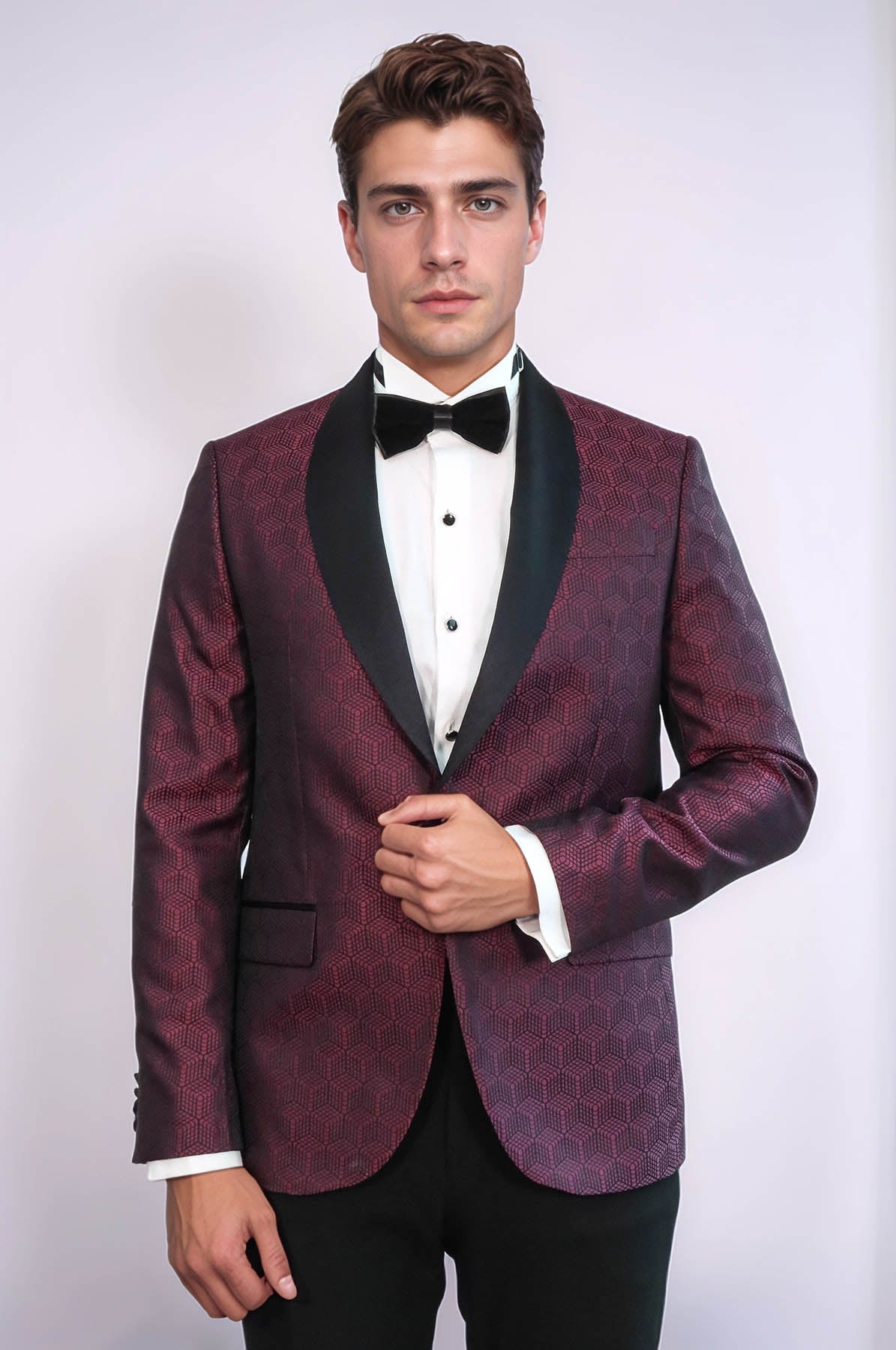 Pentagon Patterned Shawl Lapel Burgundy Men Dinner Jacket - Wessi