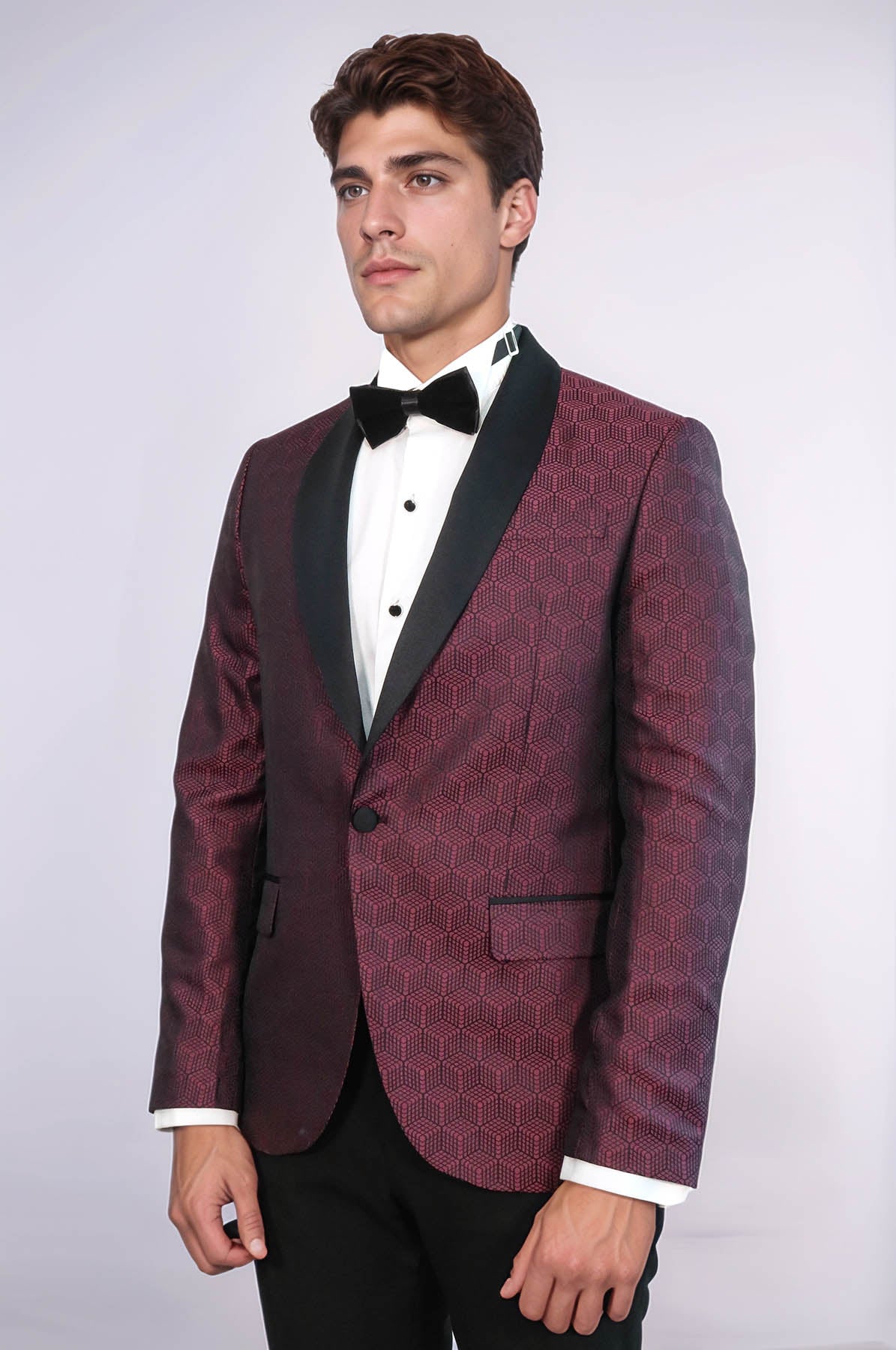 Pentagon Patterned Shawl Lapel Burgundy Men Dinner Jacket - Wessi
