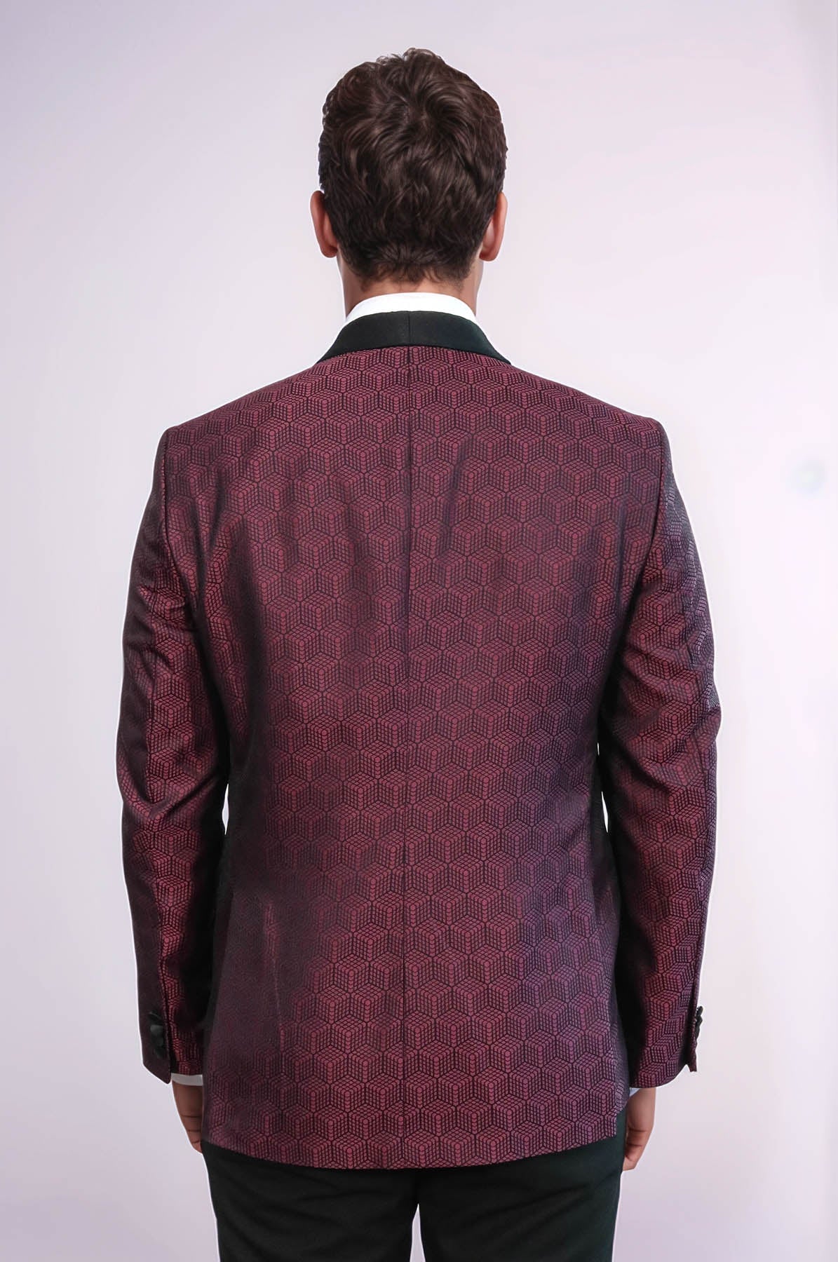 Pentagon Patterned Shawl Lapel Burgundy Men Dinner Jacket - Wessi