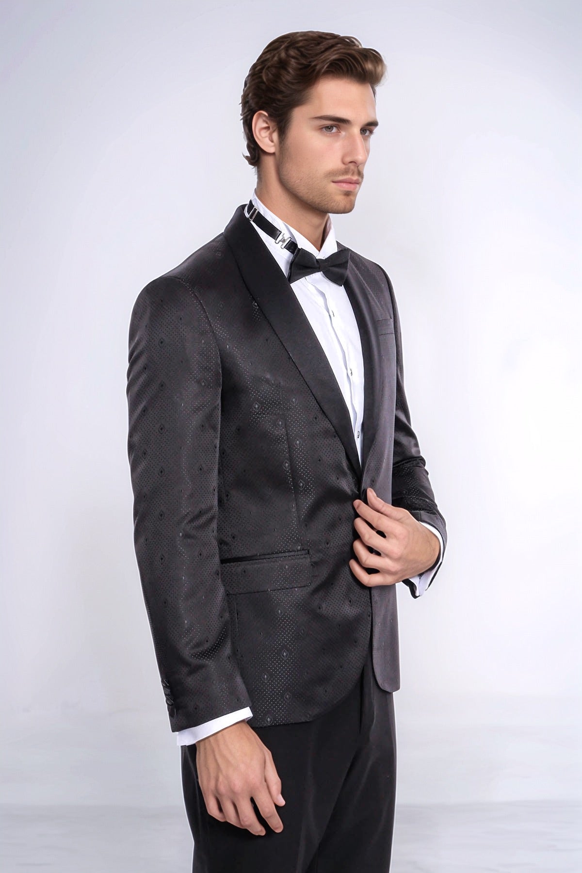 Dot Patterned Slim Fit Black Men Tuxedo Jacket - Wessi