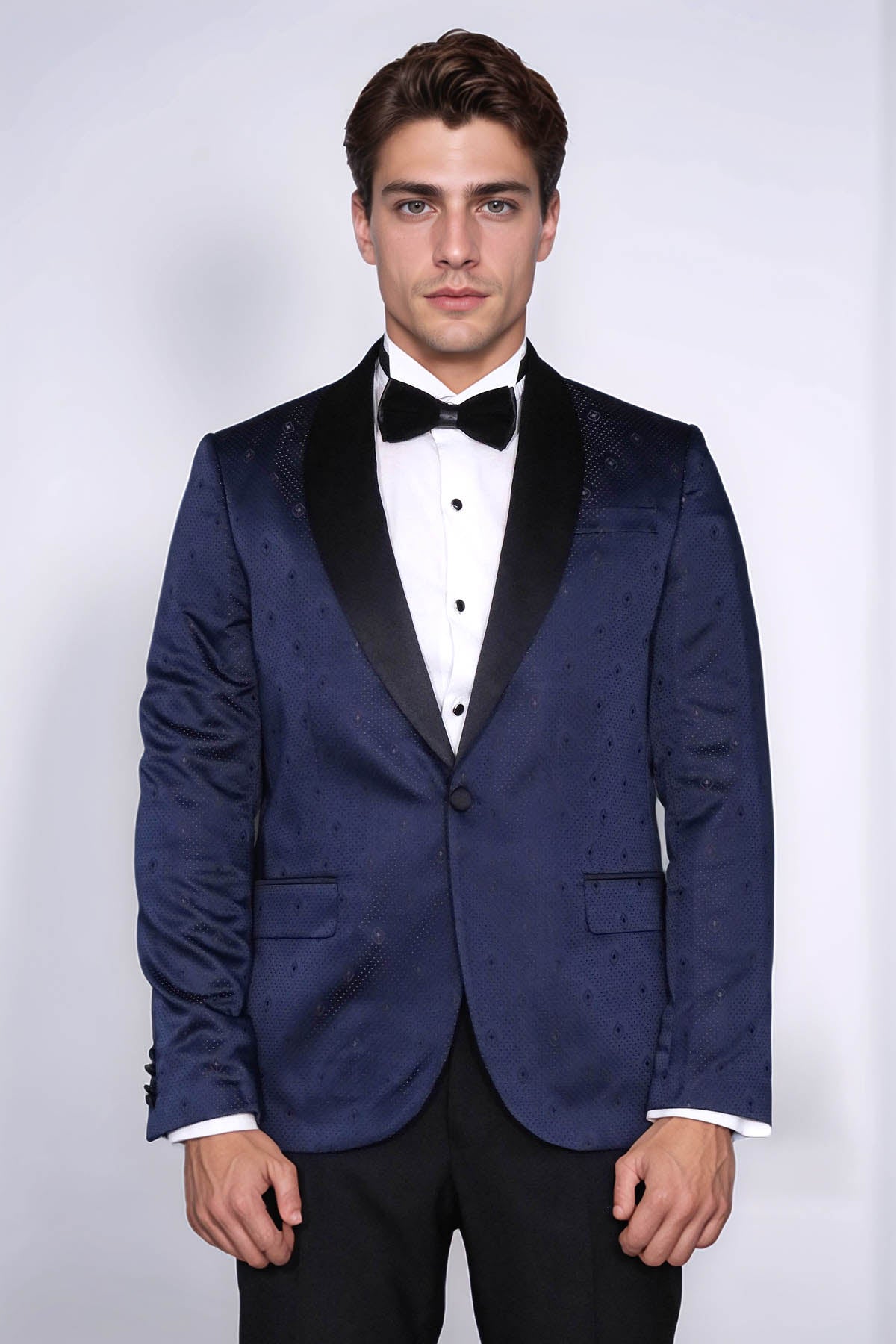 Patterned Shawl Lapel Navy Blue Men Tuxedo Jacket - Wessi