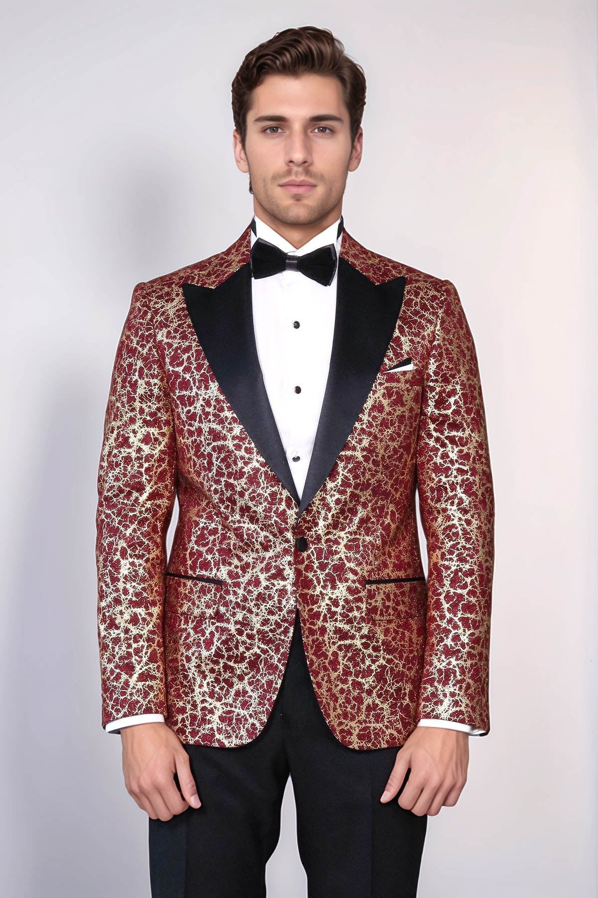 Root Pattern Peak Lapel Burgundy Men Party Blazer - Wessi