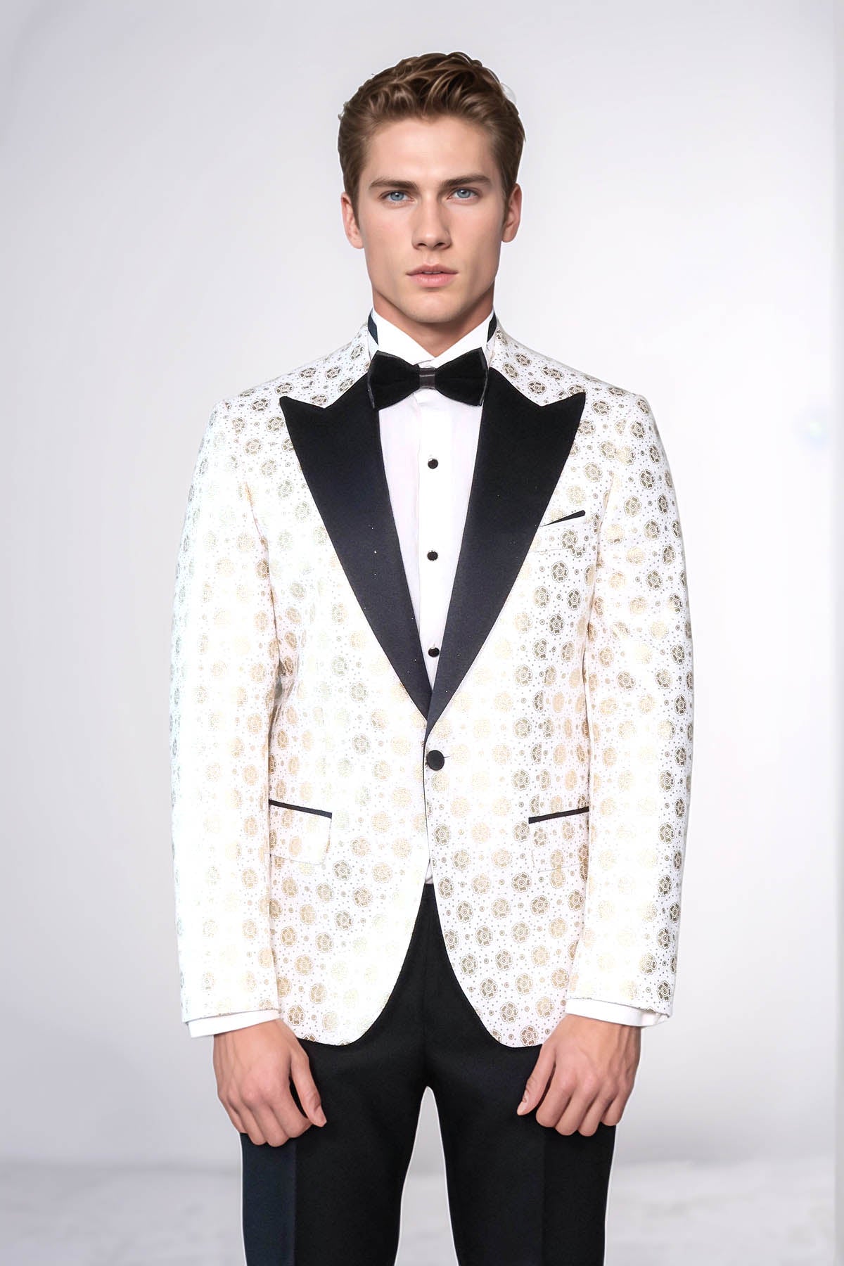 Floral Patterned Peak Lapel White Men Wedding Tuxedo Blazer - Wessi