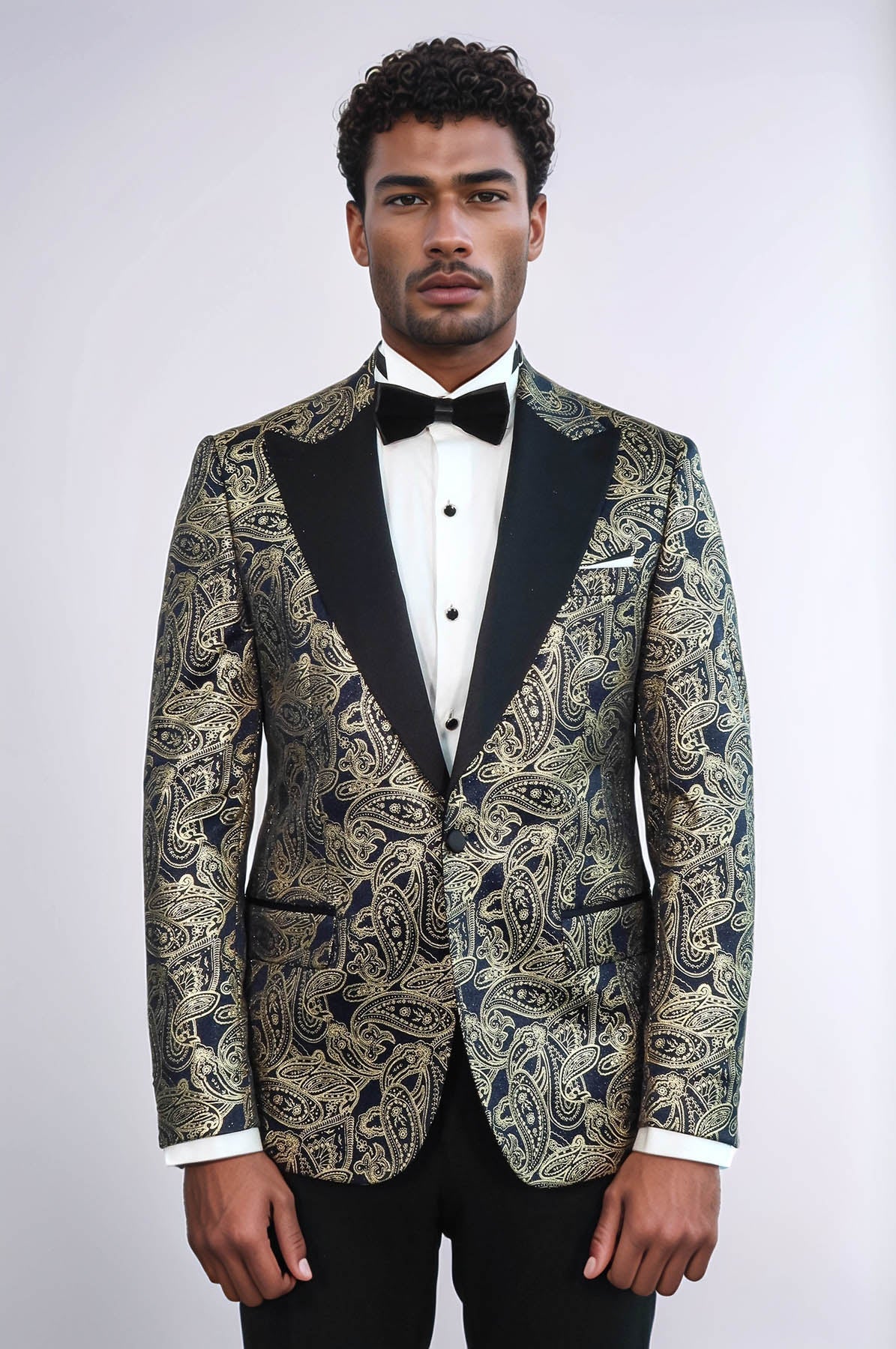 Paisley Peak Lapel Navy Blue Men Party Blazer - Wessi