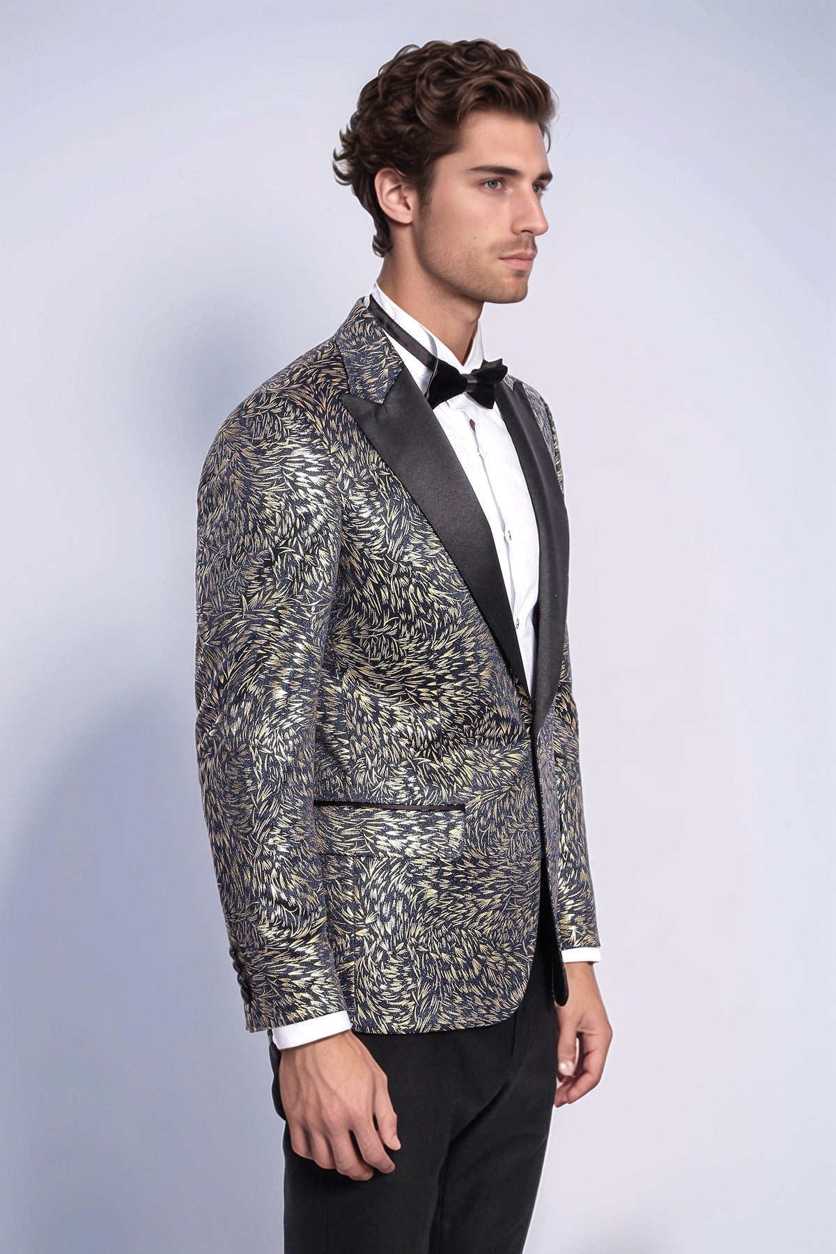 Feather Patterned Slim Fit Navy Blue Men Dinner Jacket - Wessi