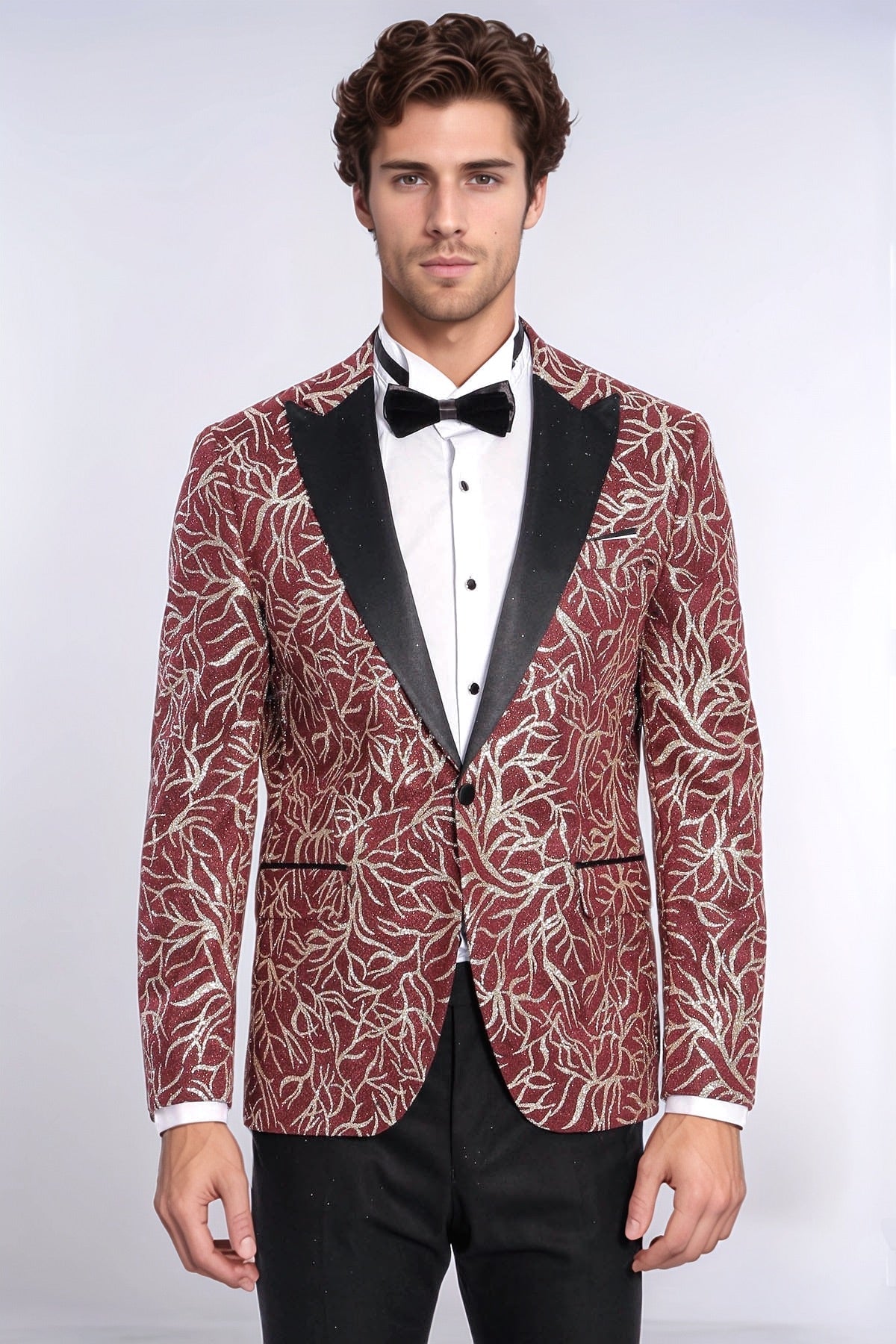 Sparkling Ivy Patterned Slim Fit Burgundy Men Evening Tuxedo Jacket - Wessi